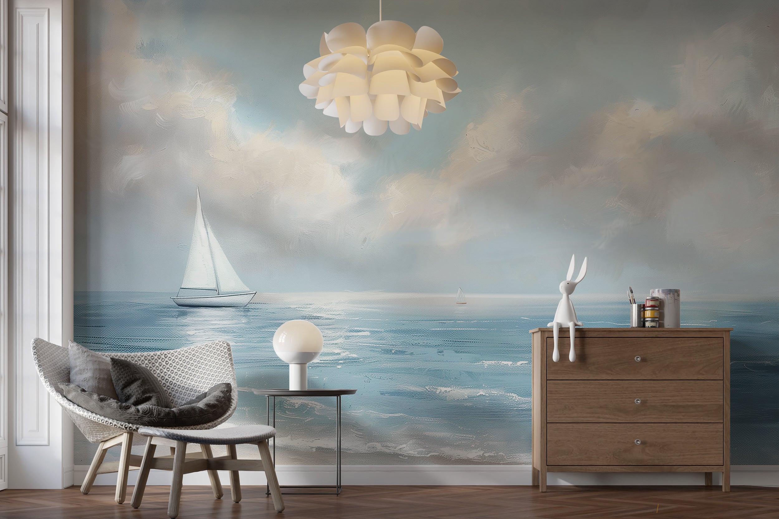 Easy-to-apply sea wallpaper for beach houses Tranquil ocean wallpaper with sailboat design