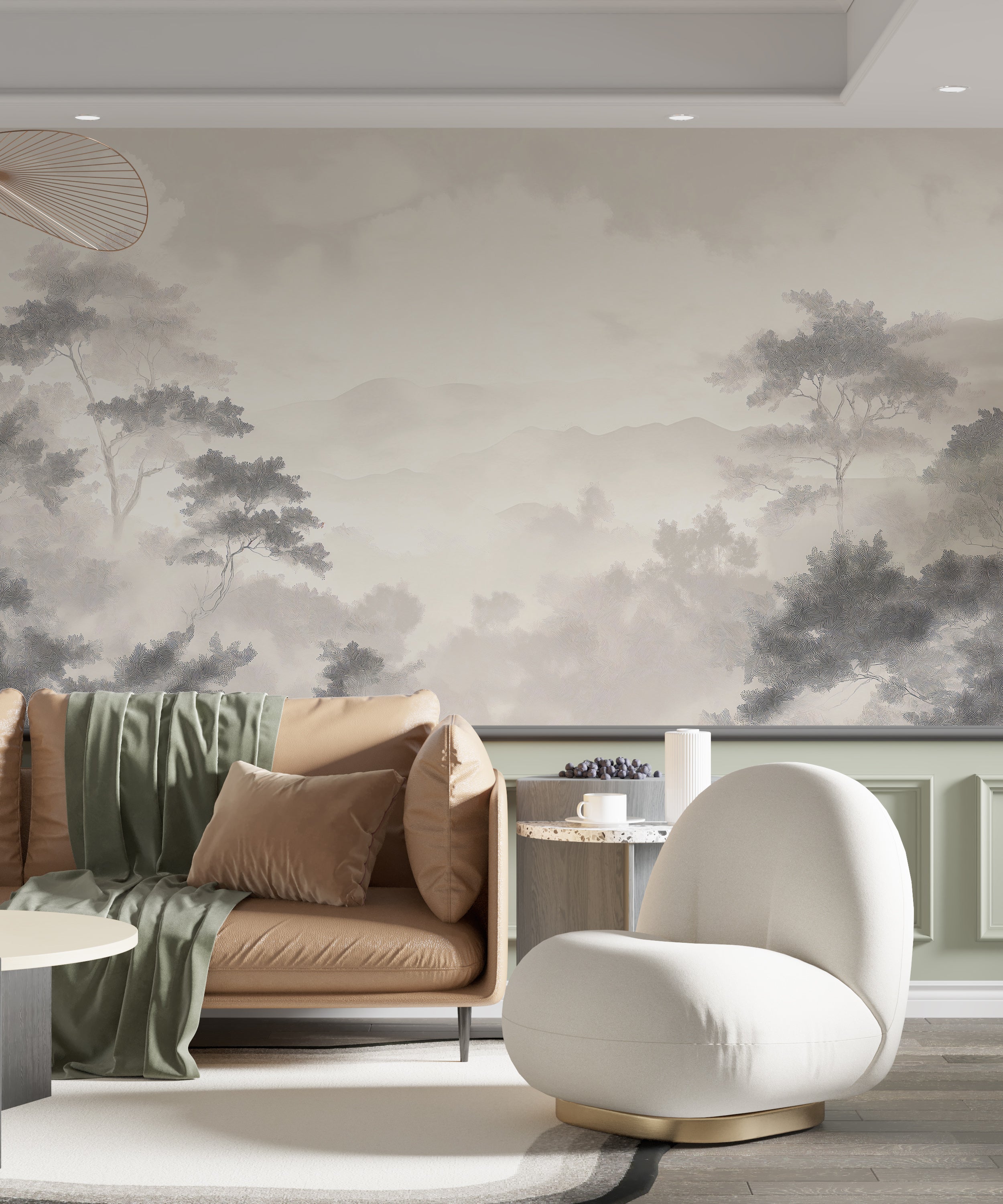 Cream neutral forest wall mural Minimalist monochrome trees wallpaper