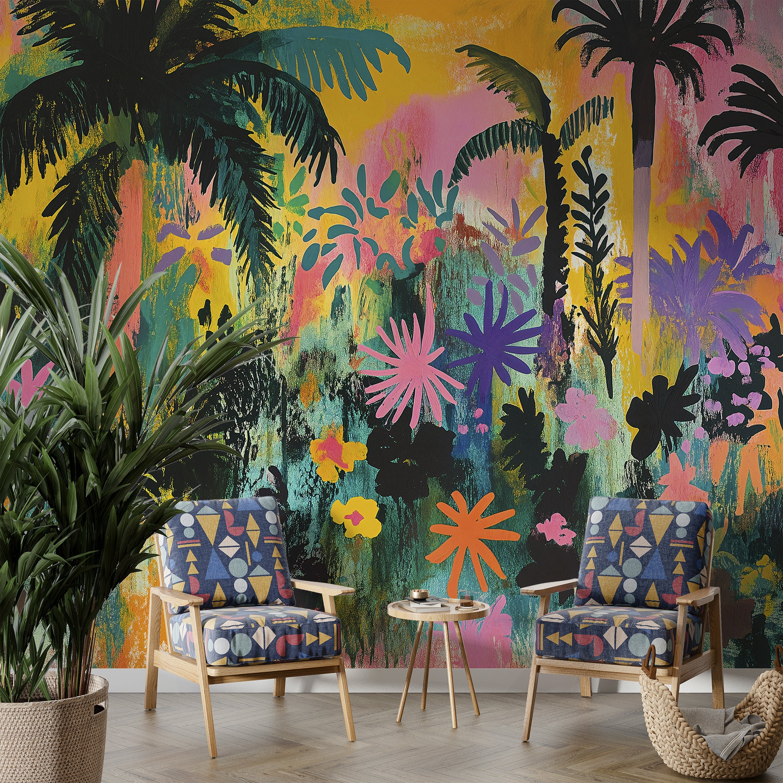 Tropical oasis wall mural with palm trees and abstract art