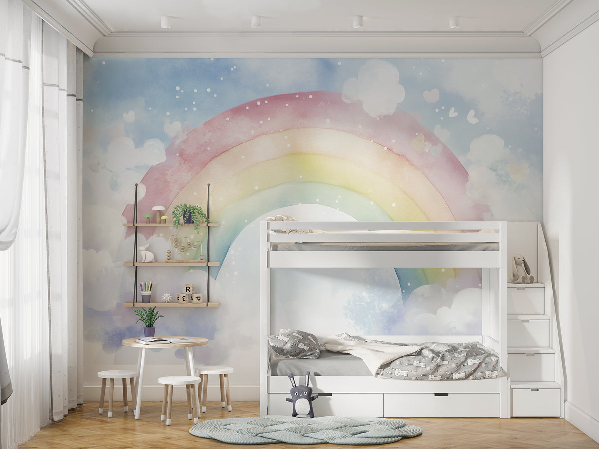 Soft Muted Rainbow and Clouds Nursery Wall Mural - Dreamy Wall Decor