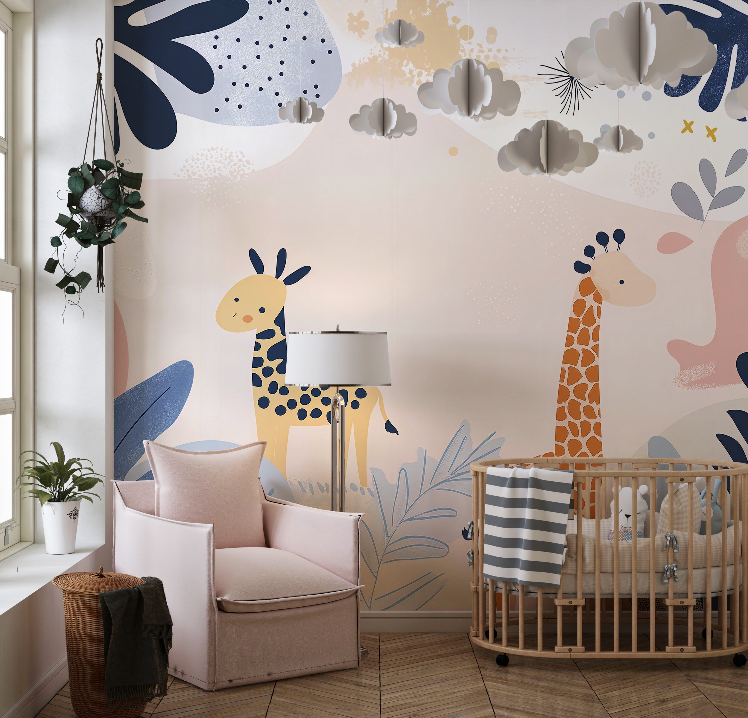 Pastel giraffes wall mural for nursery Cute animals and leaves kids room wallpaper