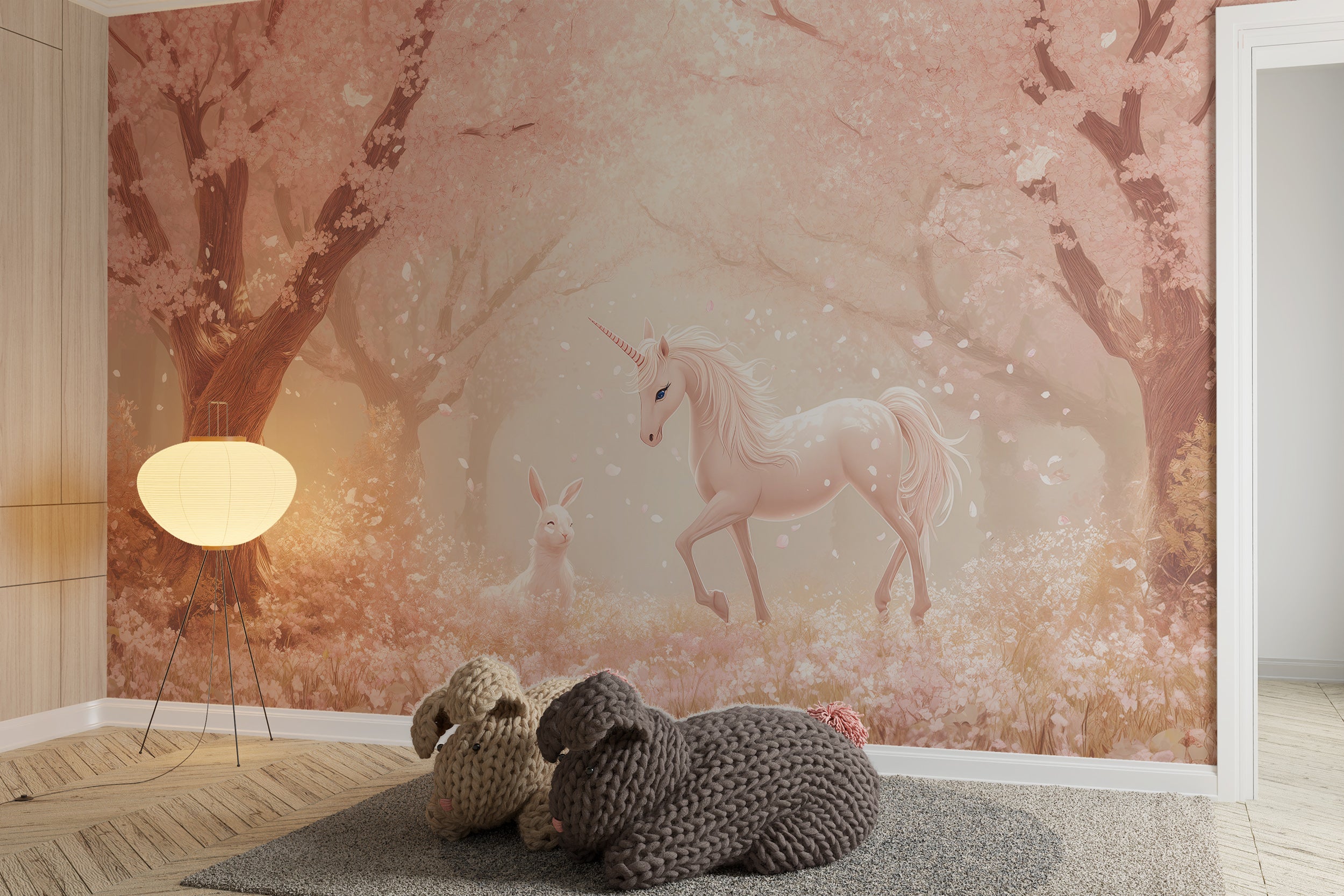 Unicorn and rabbit nursery wall mural Fairytale pink forest kids room wallpaper