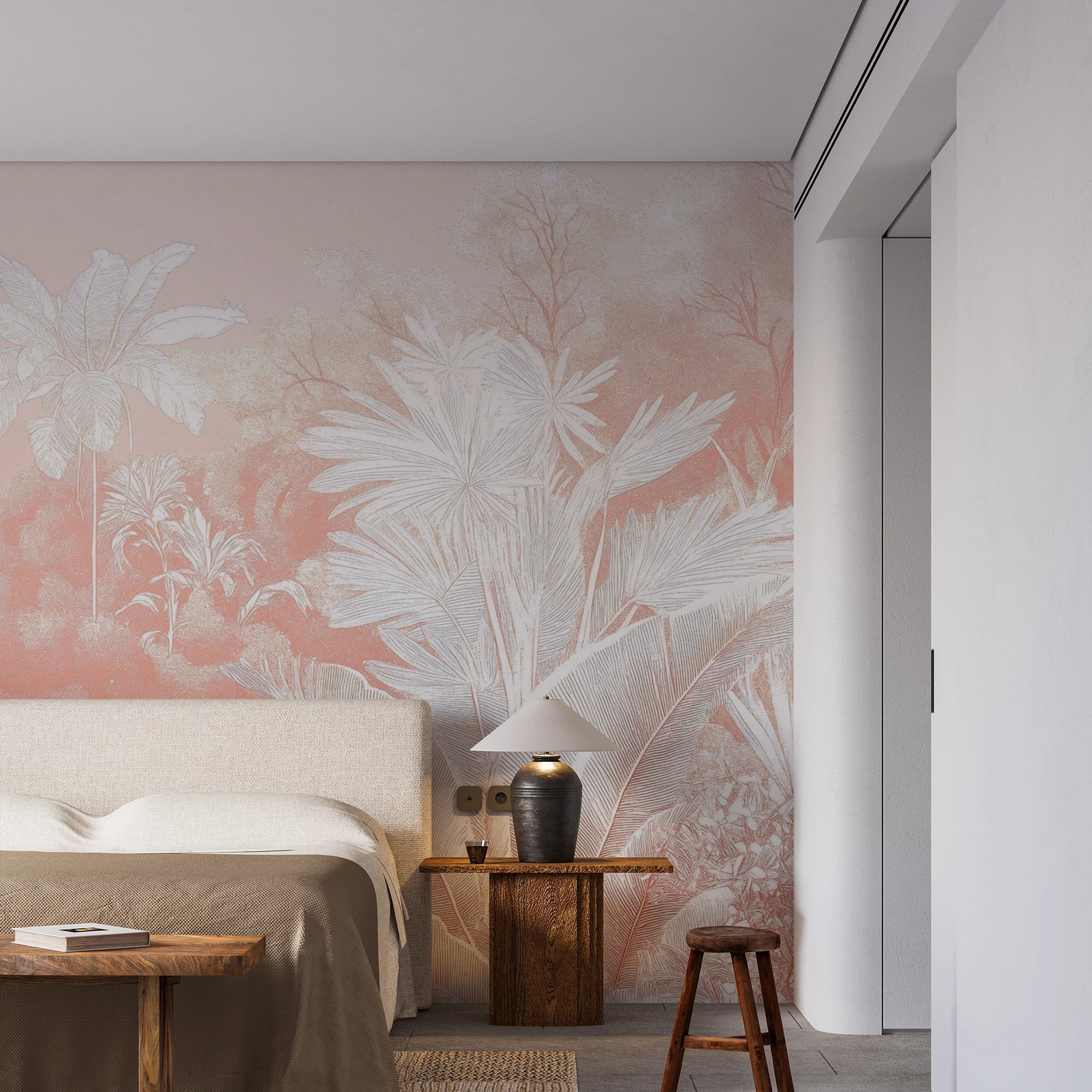 Pink and White Monochrome Tropical Forest Mural, Abstract Jungle Plants and Trees Wall Art, Peel and Stick Coastal Wallpaper