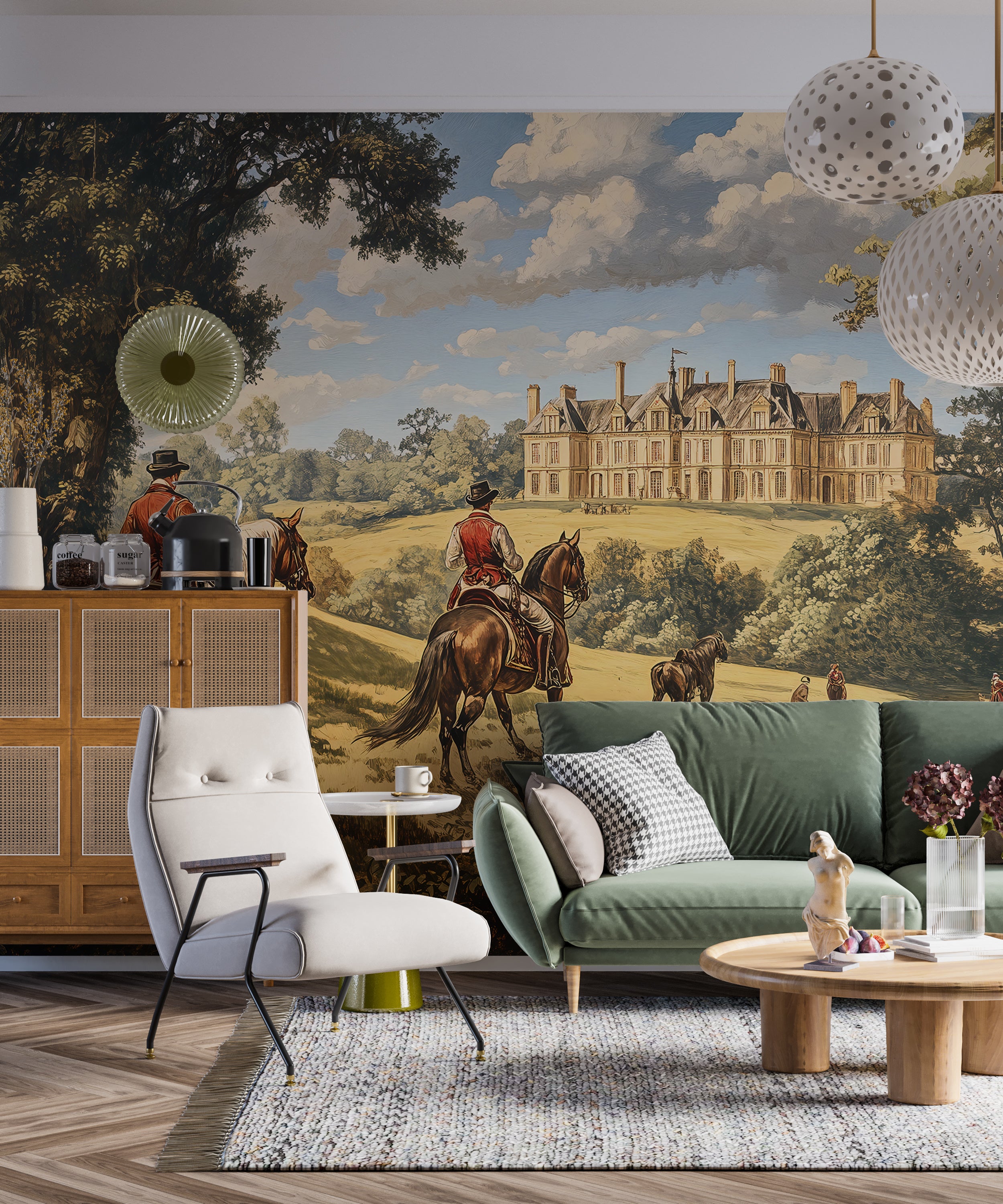 Nostalgic castle and horses wallpaper mural