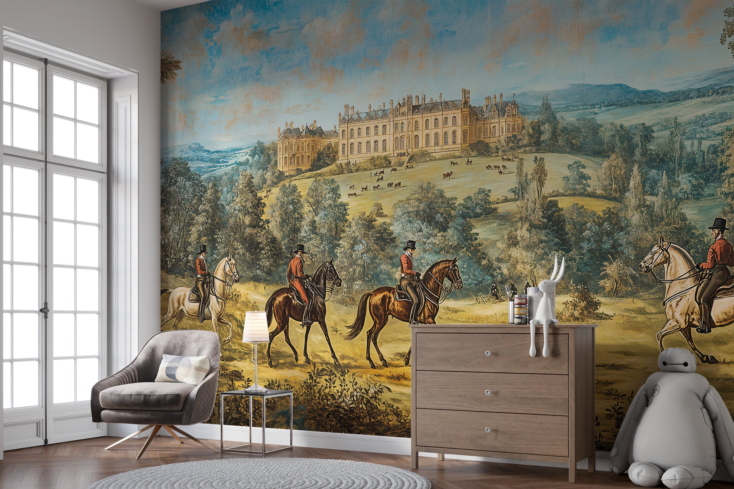 Vintage panoramic landscape wallpaper with French castle Old French castle and horse riders scenic mural