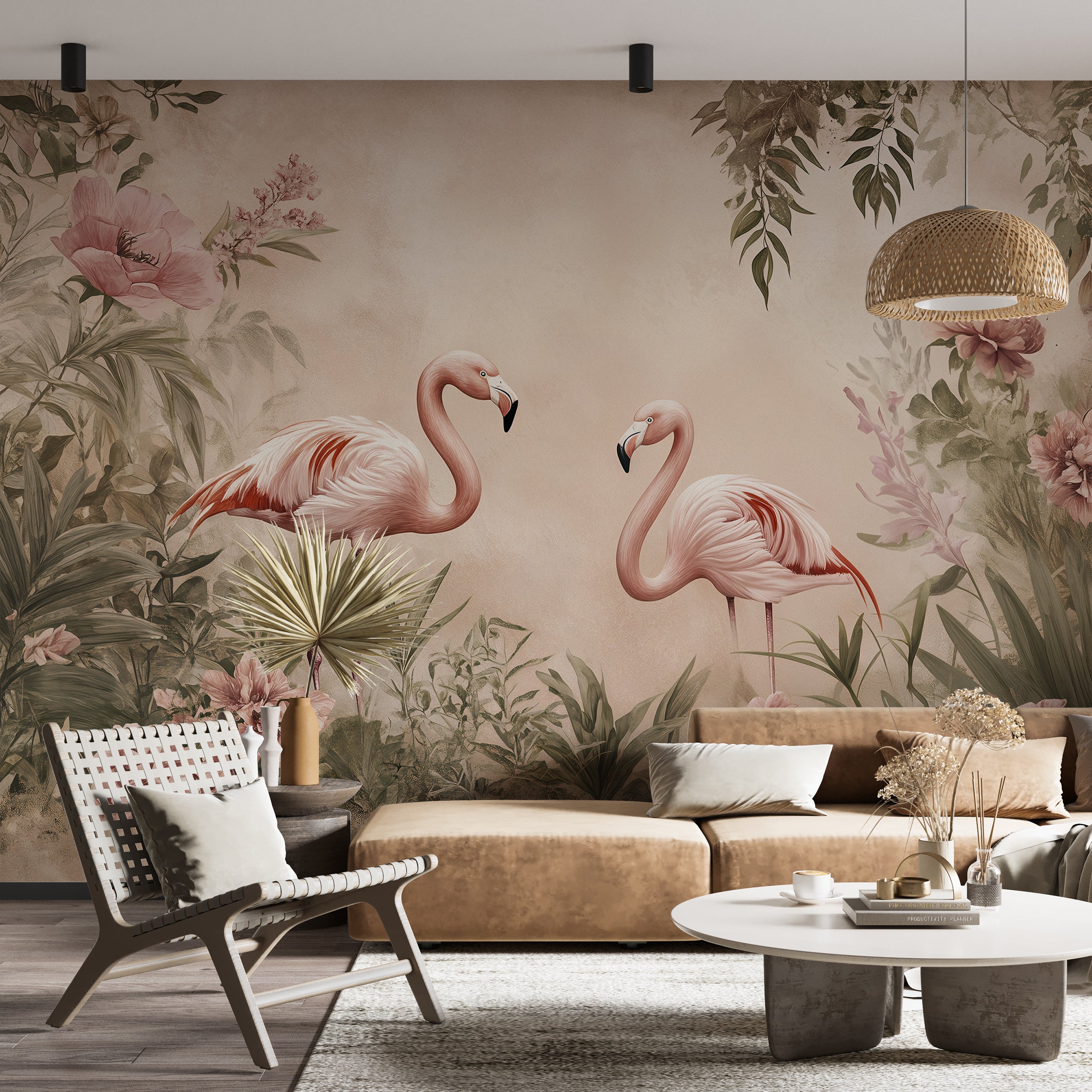 Removable coastal wallpaper featuring large flamingos Elegant pink flamingo wallpaper for chic nursery decor