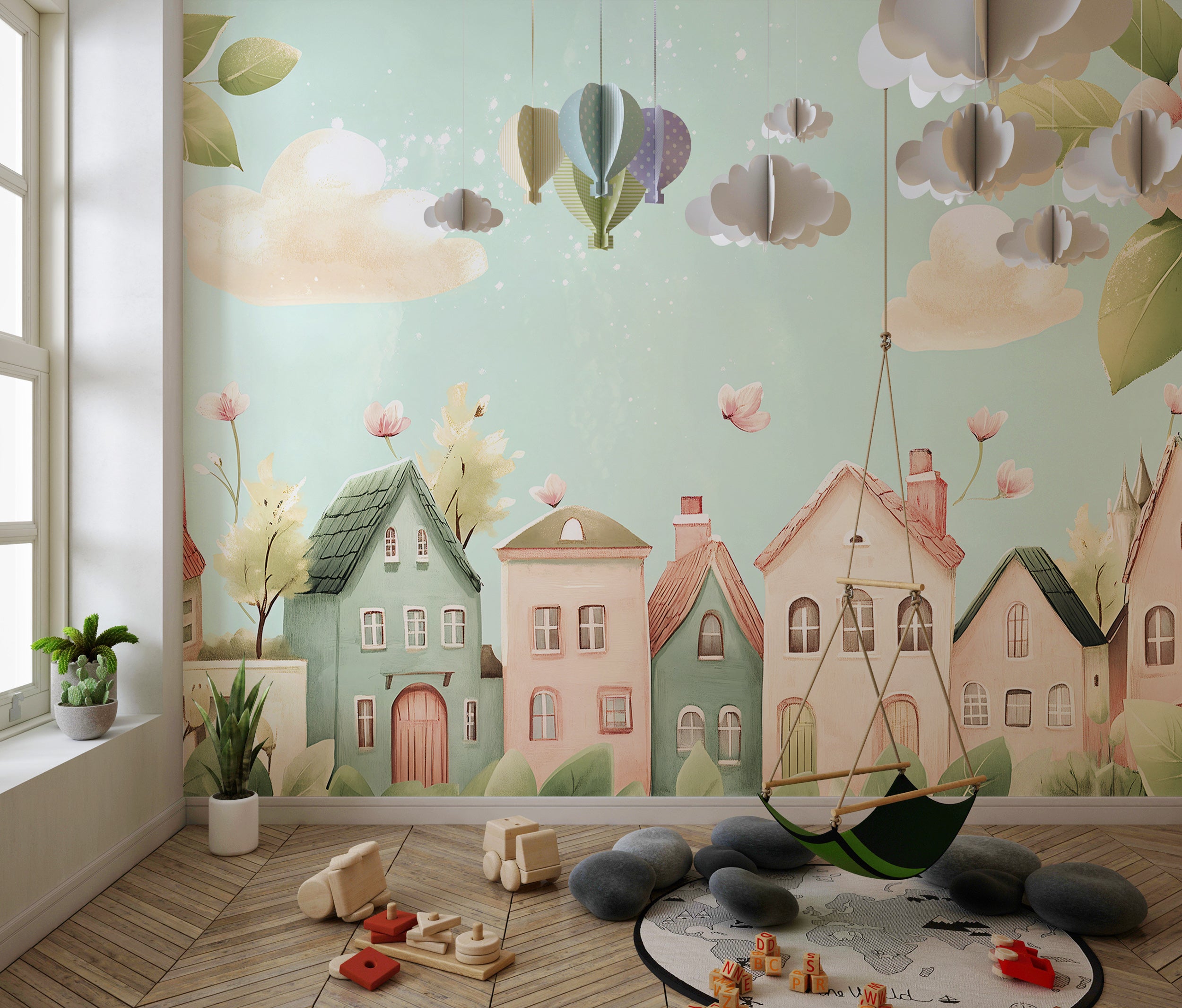 Soft pastel colors nursery mural with flowers and houses Whimsical cartoon town wallpaper for baby nurseries