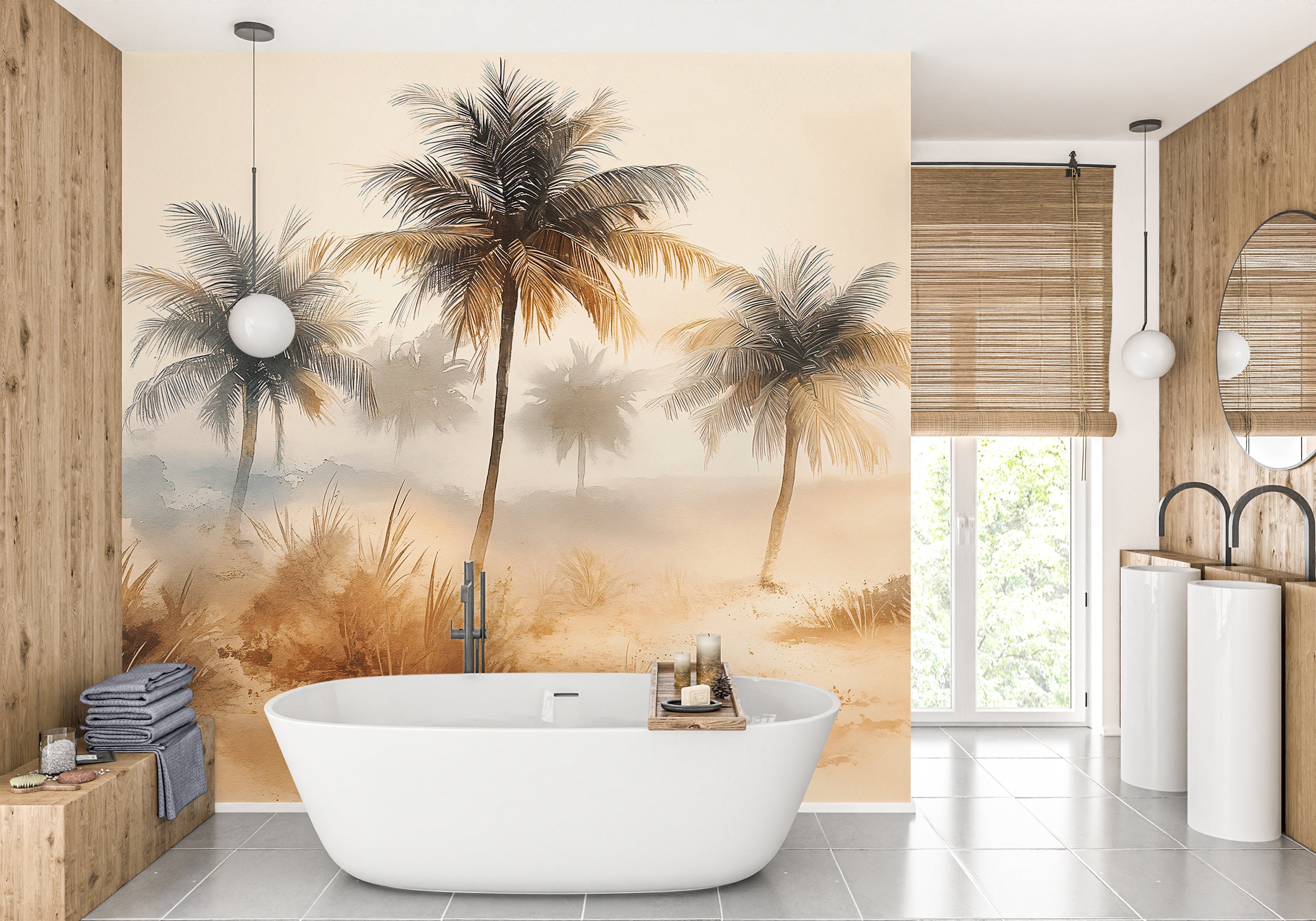 Watercolor desert landscape wallpaper for home Neutral-toned peel and stick wall mural for rooms