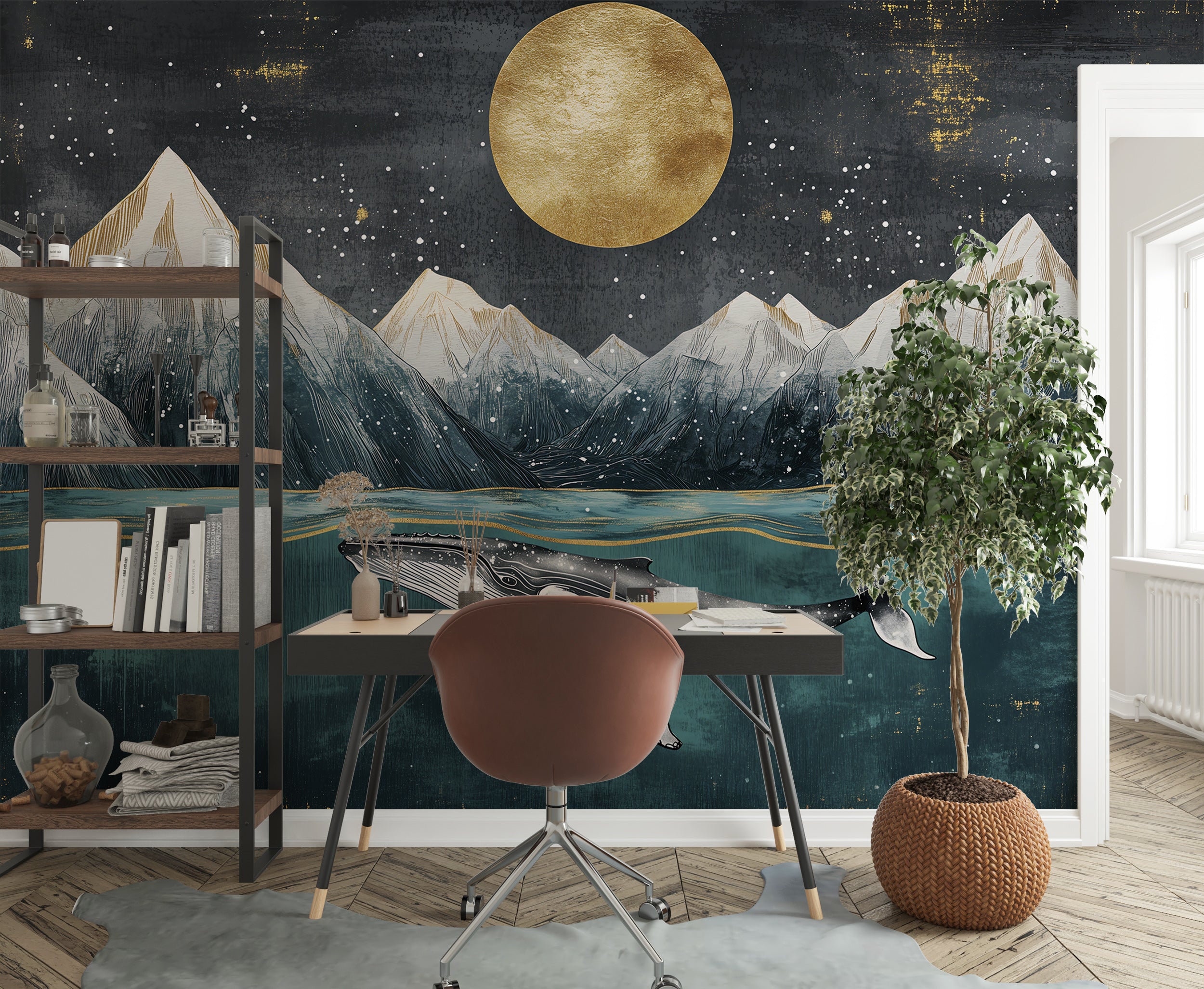 Dark-toned abstract wallpaper with whale and mountains Unique peel-and-stick art mural with ocean and mountains