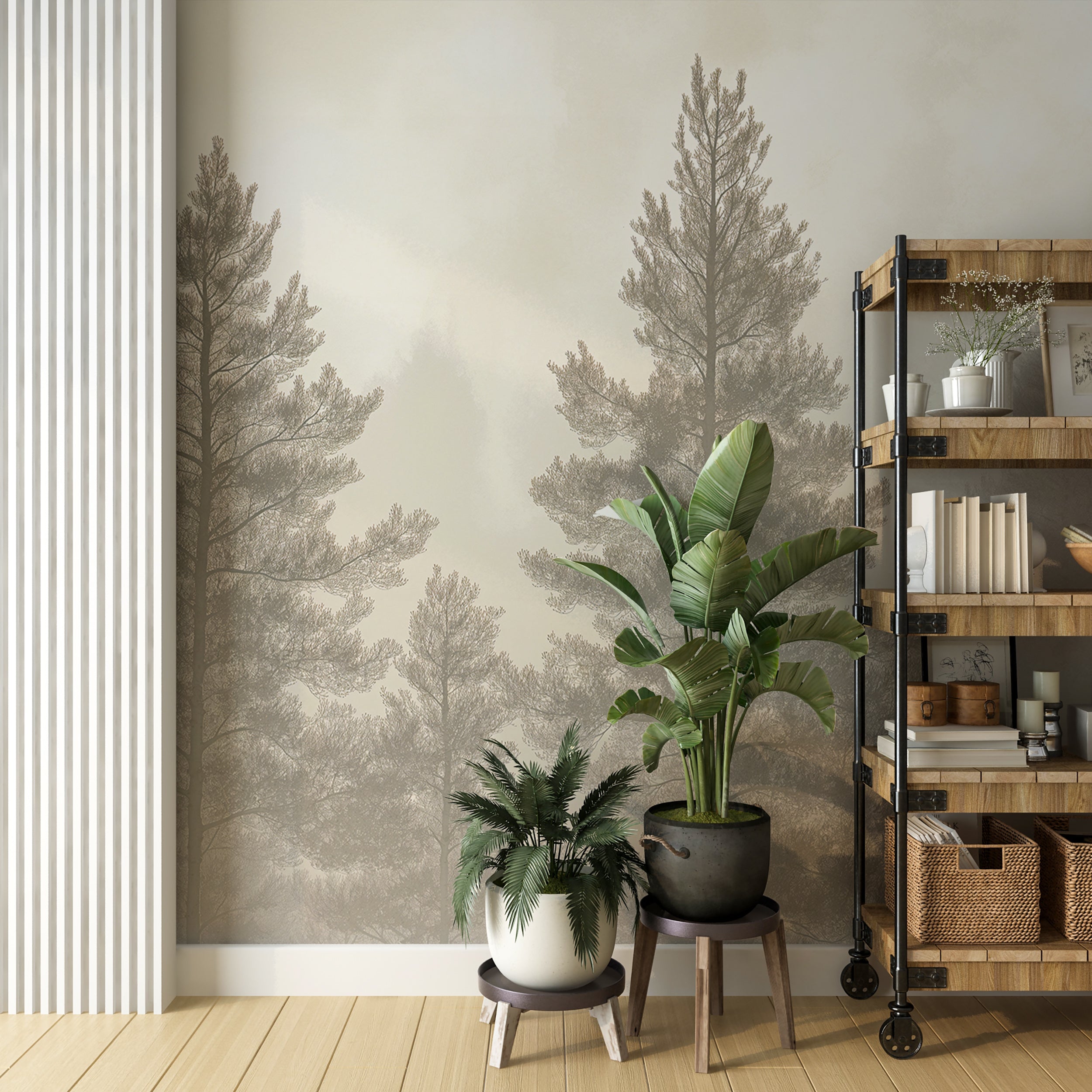 Soft cream forest wallpaper with foggy effect Easy-to-apply neutral beige forest mural for living rooms