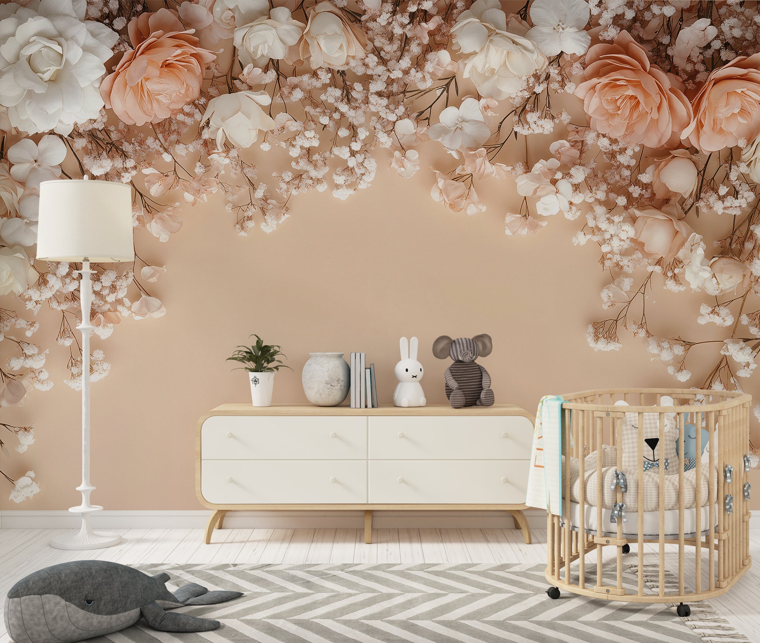 Hanging flowers on peach background accent wall mural White and pink floral wallpaper for elegant decor