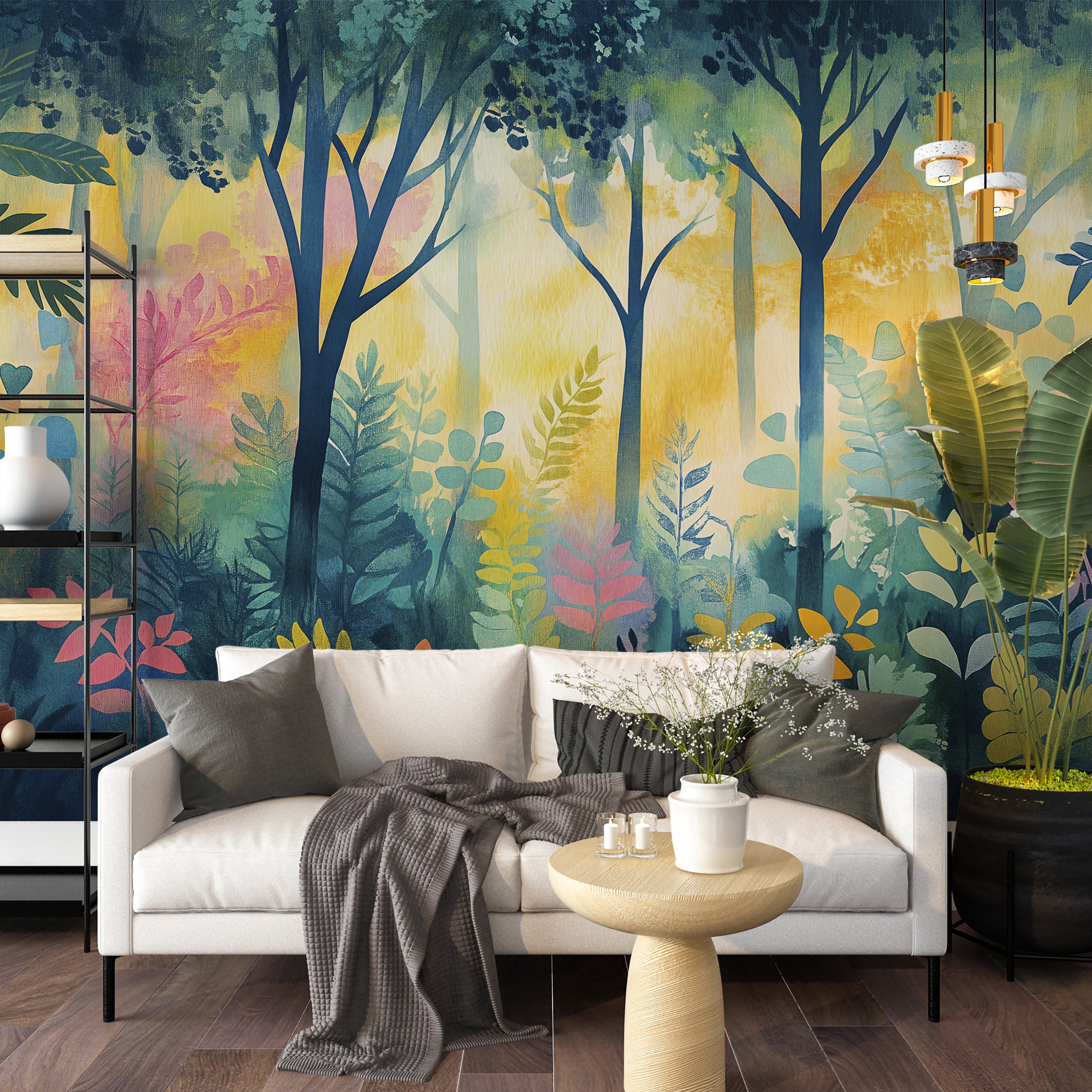 Green and yellow forest wallpaper for whimsical room decor