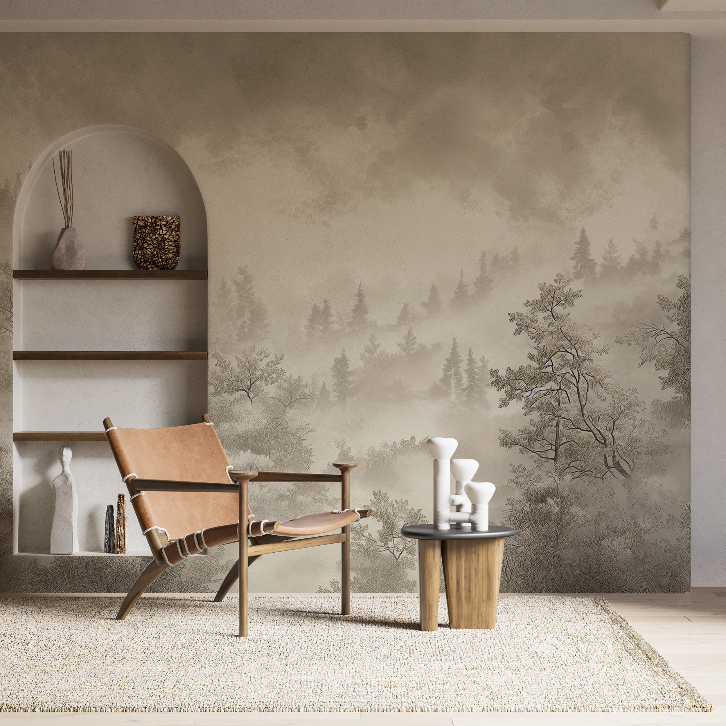 Beige sepia pine forest wallpaper with minimalist design