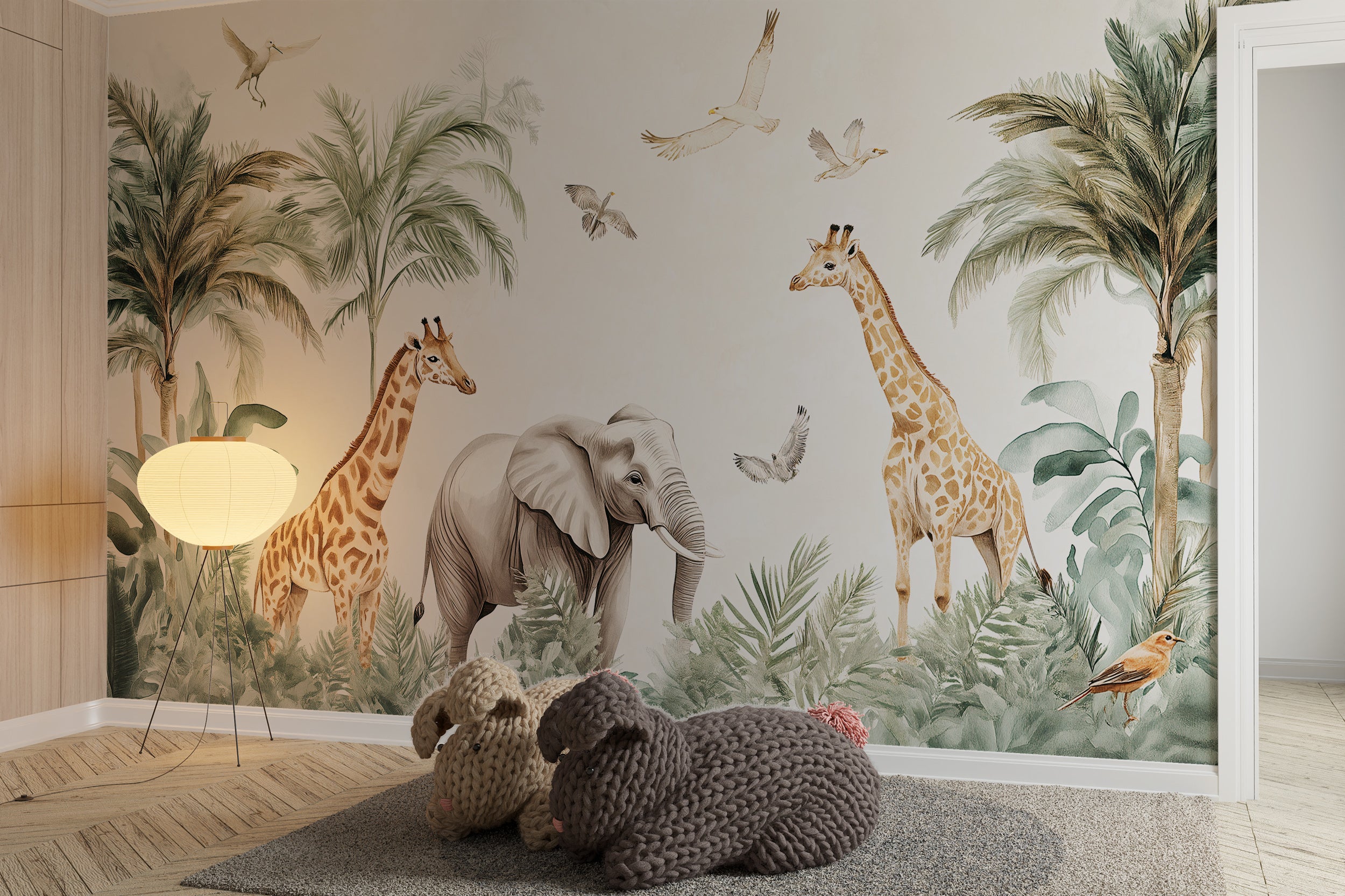 Watercolor jungle mural with elephants and giraffes
Nursery wall decor with animals in the jungle