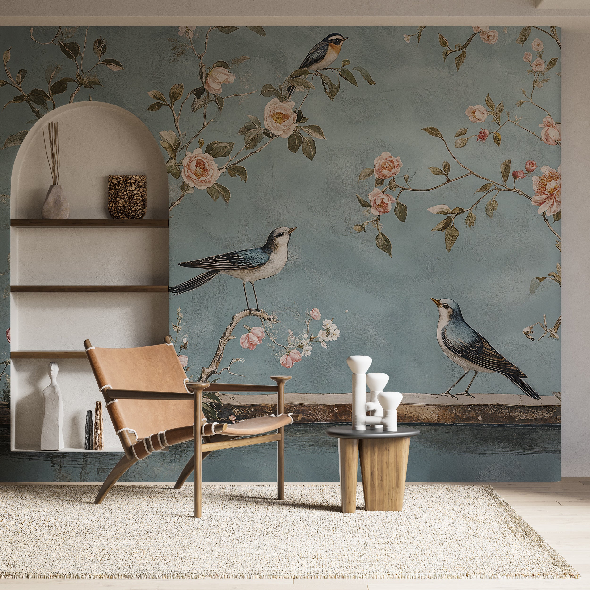 Soft Blue Chinoiserie Mural, Flowers and Birds Traditional Japanese Wallpaper, Peel and Stick Blue Botanical Art