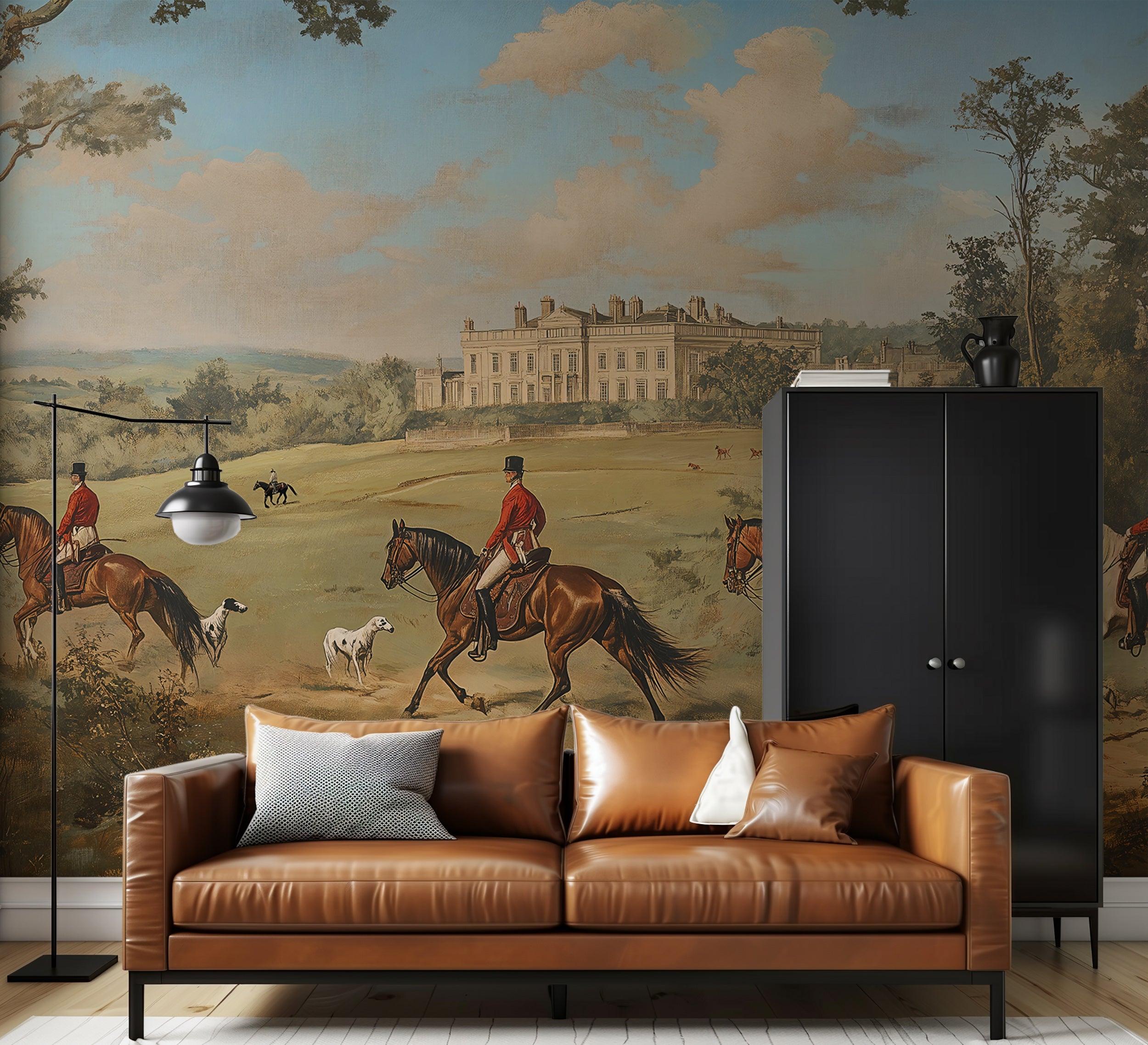 Hunting dogs and castle wall art for classic decor
Timeless vintage mural with castle and horses designv