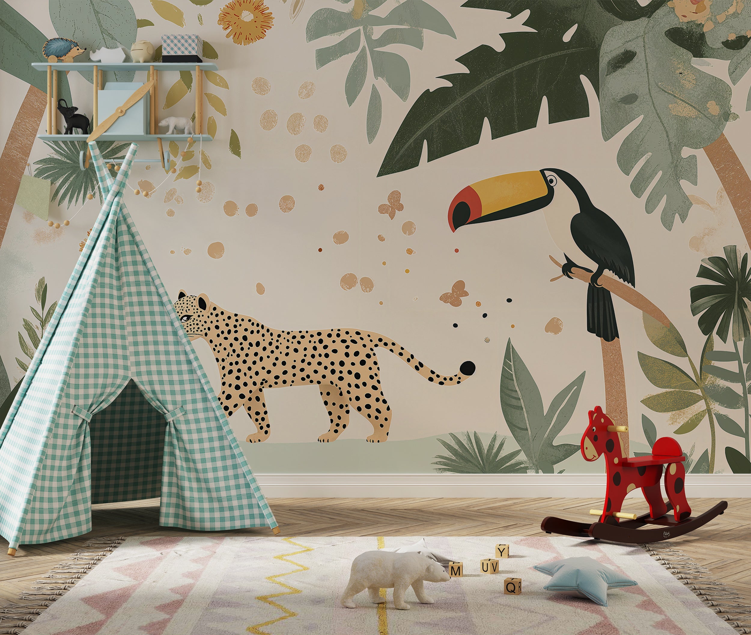 Colorful cheetah and toucan wallpaper for playroom
Easy-to-apply jungle animal mural for nursery