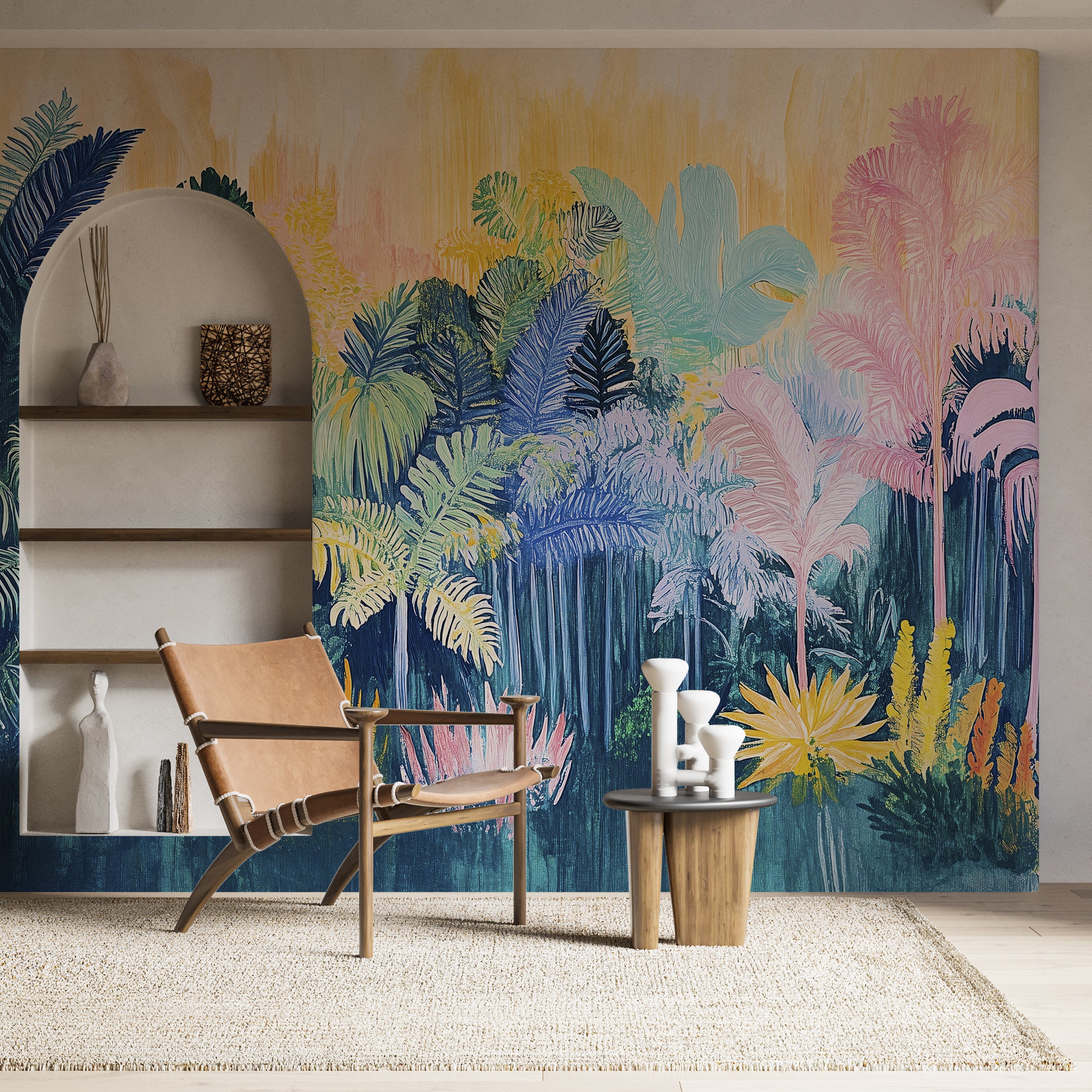 Watercolor abstract jungle mural for nursery decor
Colorful forest wallpaper with peel and stick design