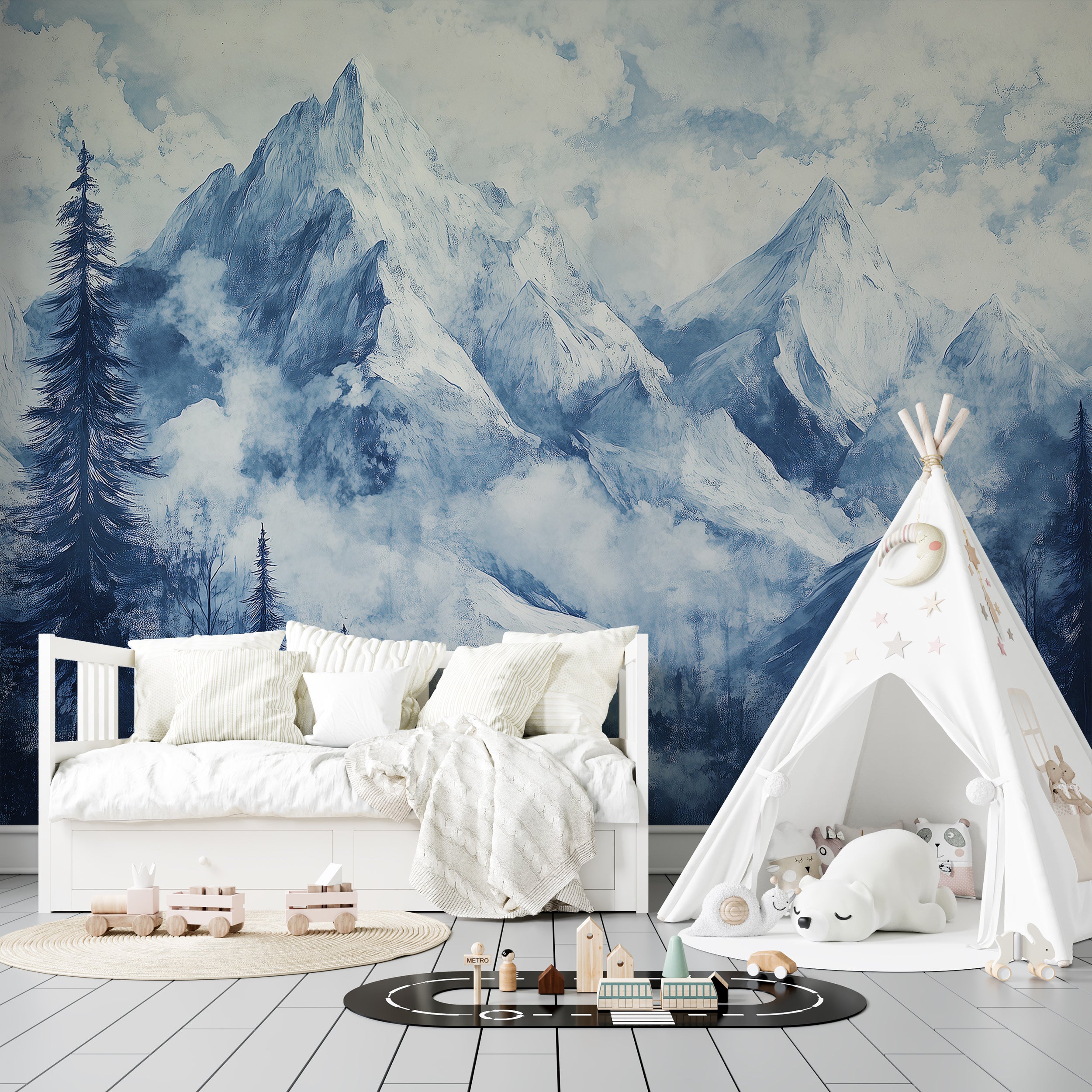 Winter landscape mural with snowy peaks and forests
Serene snowy mountain wallpaper for living rooms