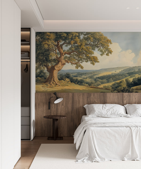 Vintage Scenic Landscape Mural - Large Tree & Field Classic Wallpaper