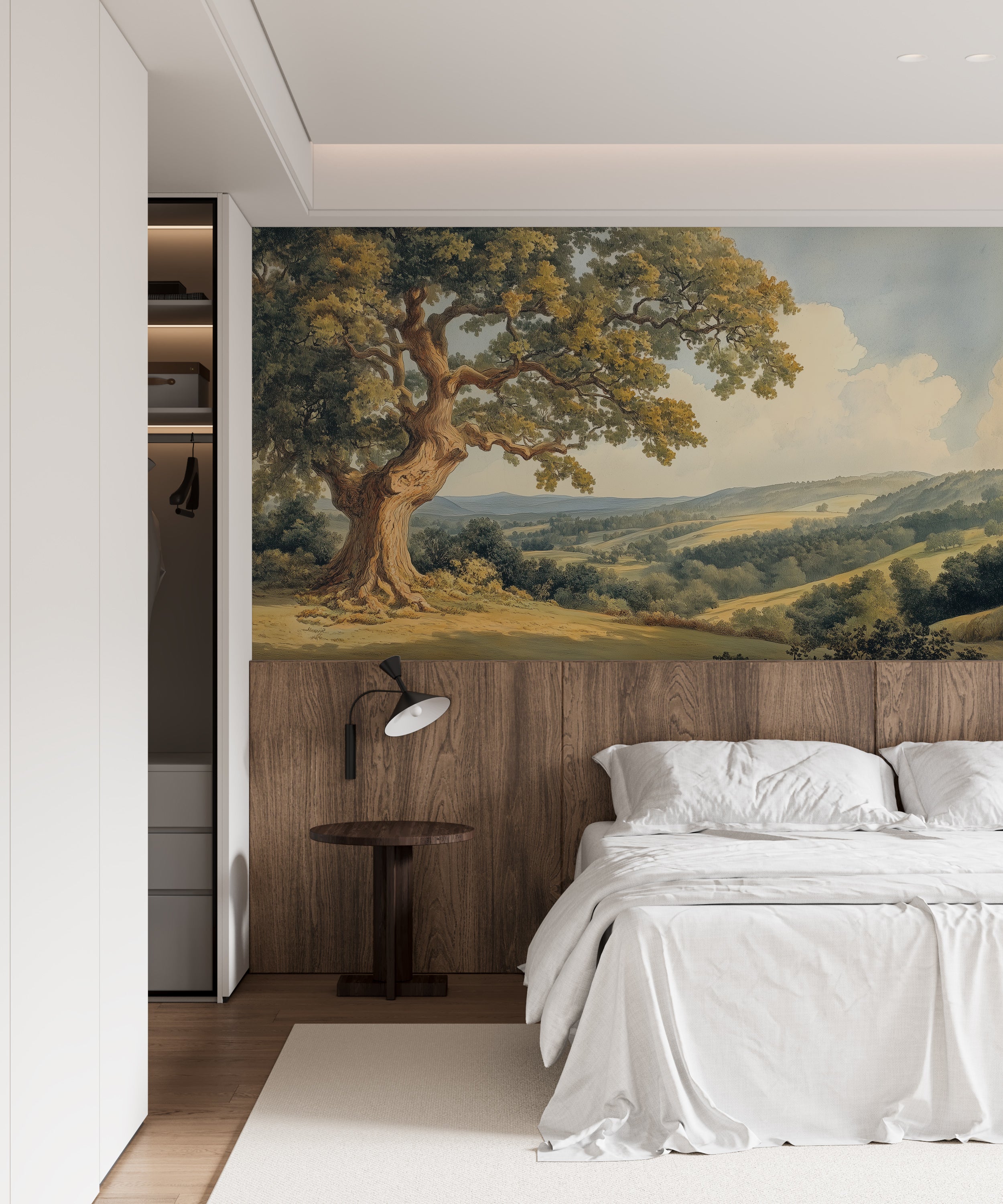 Vintage scenic landscape mural with large tree and field.
Classic wallpaper featuring a summer wild nature scene.