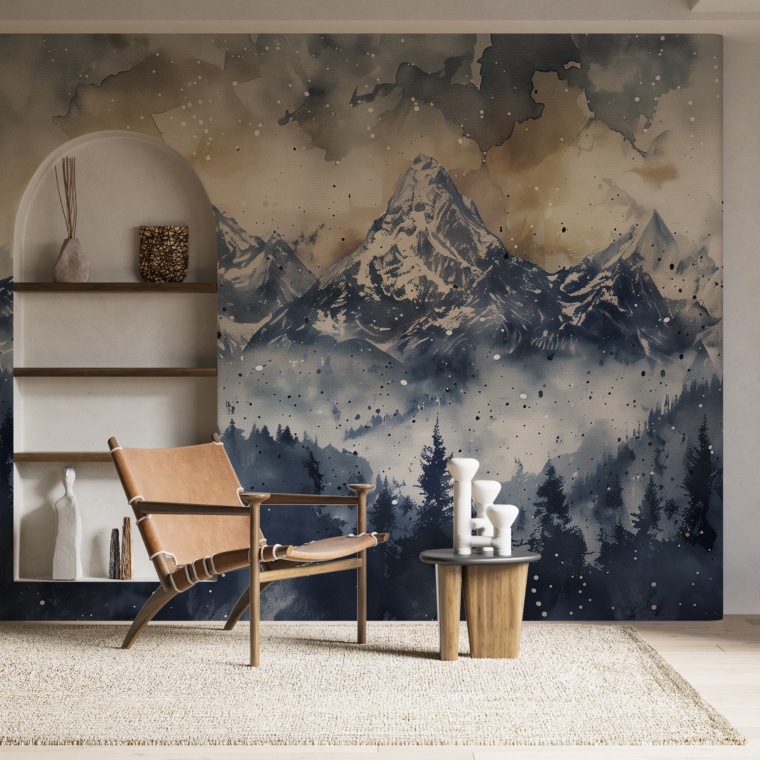 Watercolor grey and beige mountain mural for modern interiors
Stylish peel and stick landscape wallpaper with earthy tones