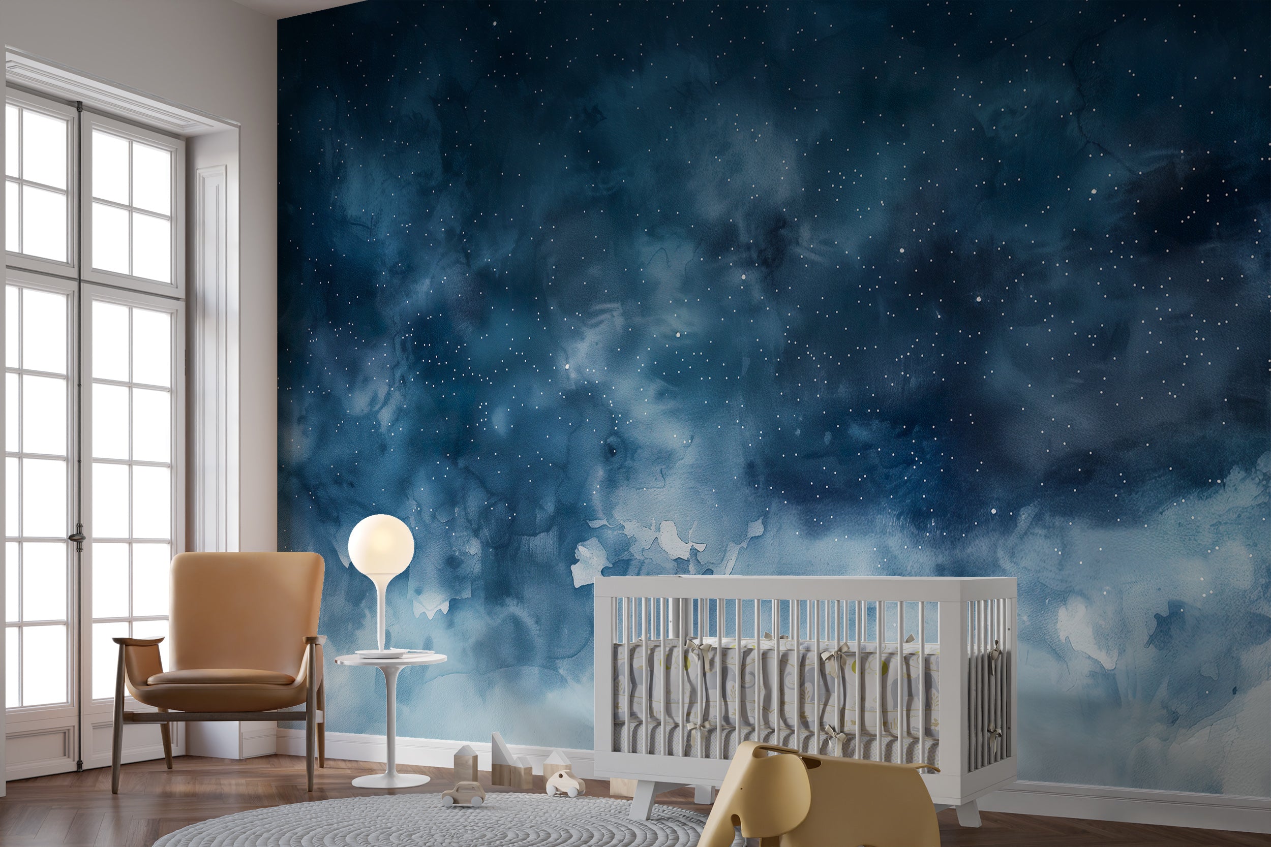 Blue and White Starry Sky Mural, Stars and Clouds in the Sky Nursery Wallpaper, Peel and Stick Starry Night Art