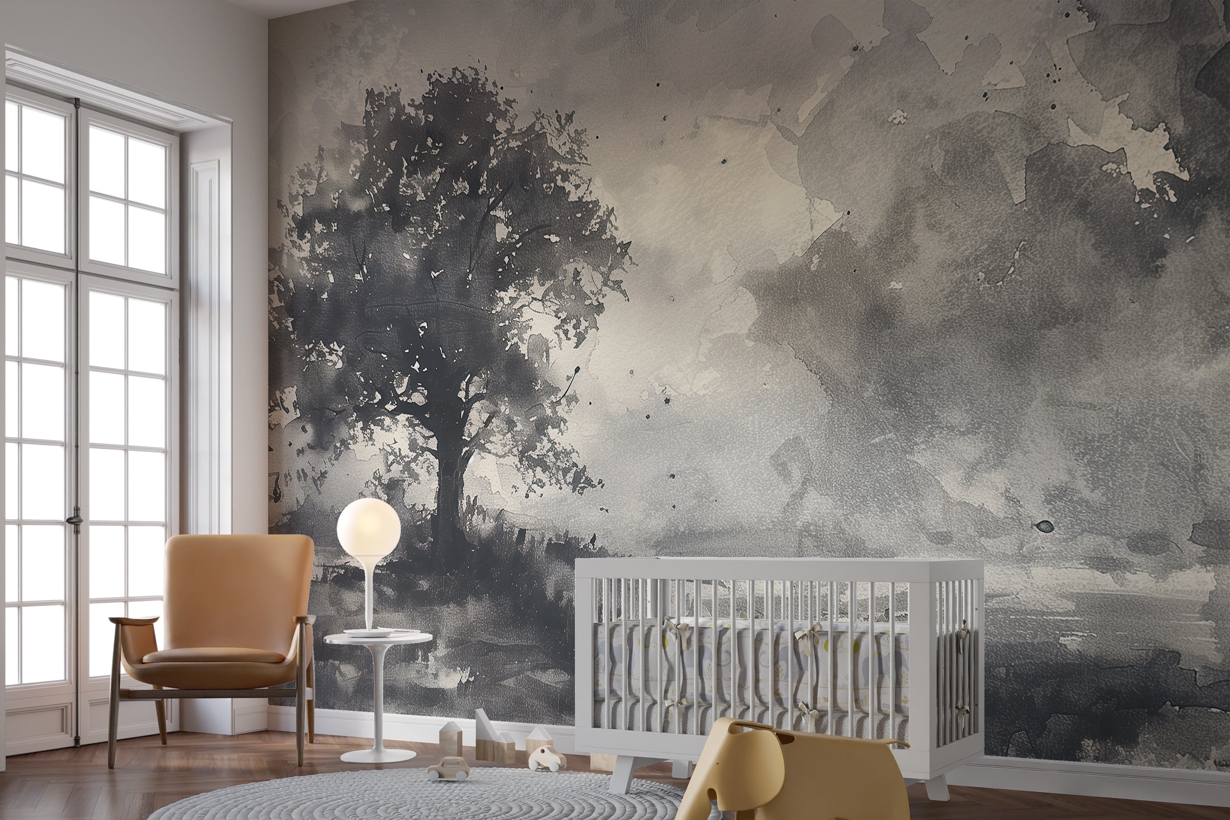 Grey Monochrome Tree Mural, Watercolor Dark Field Landscape Wallpaper, Peel and Stick Vintage Scenic Wall Mural