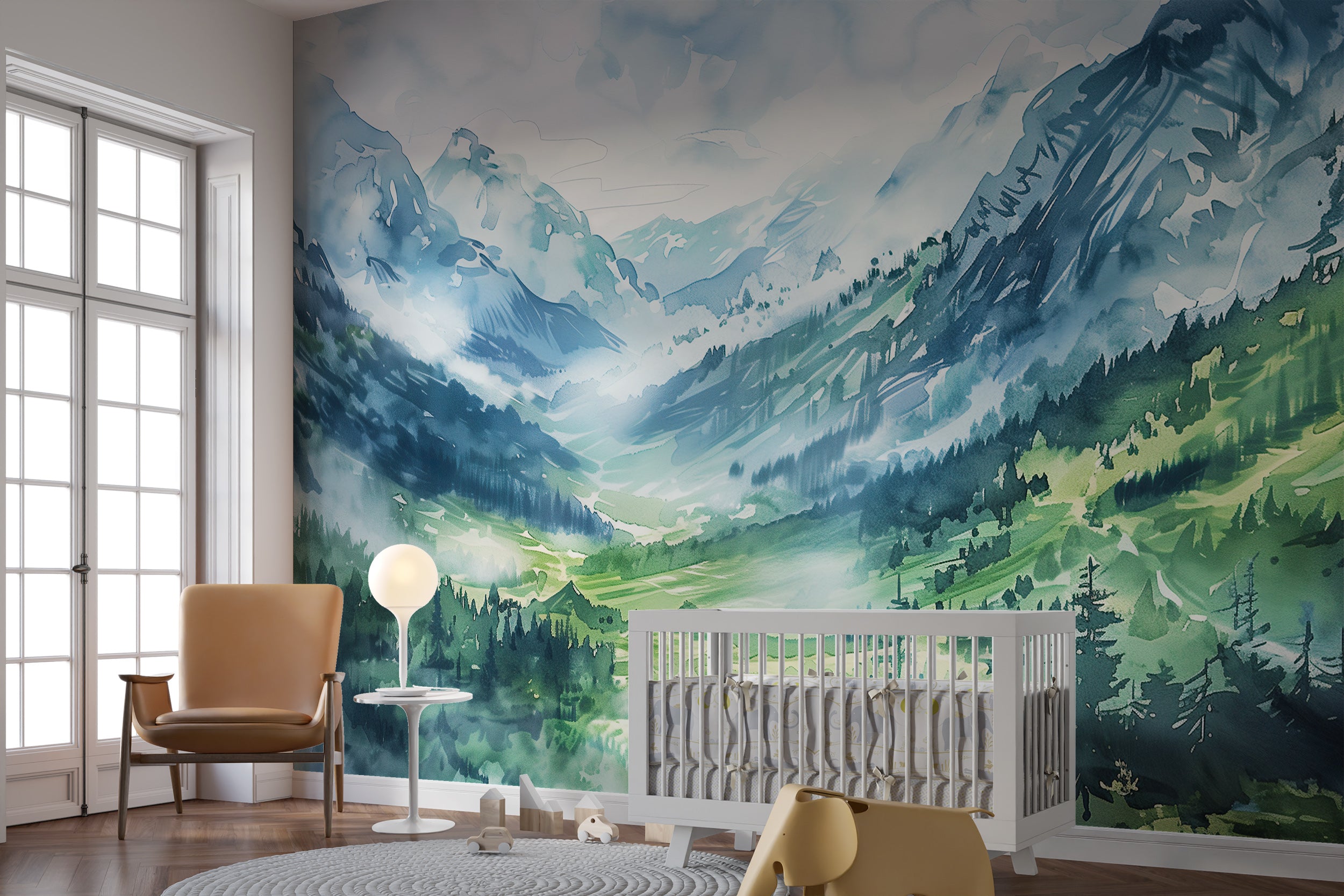 Green and Blue Mountain Valley Mural, Cloudy Mountains Wallpaper, Watercolor Nursery Accents Wall Landscape Mural