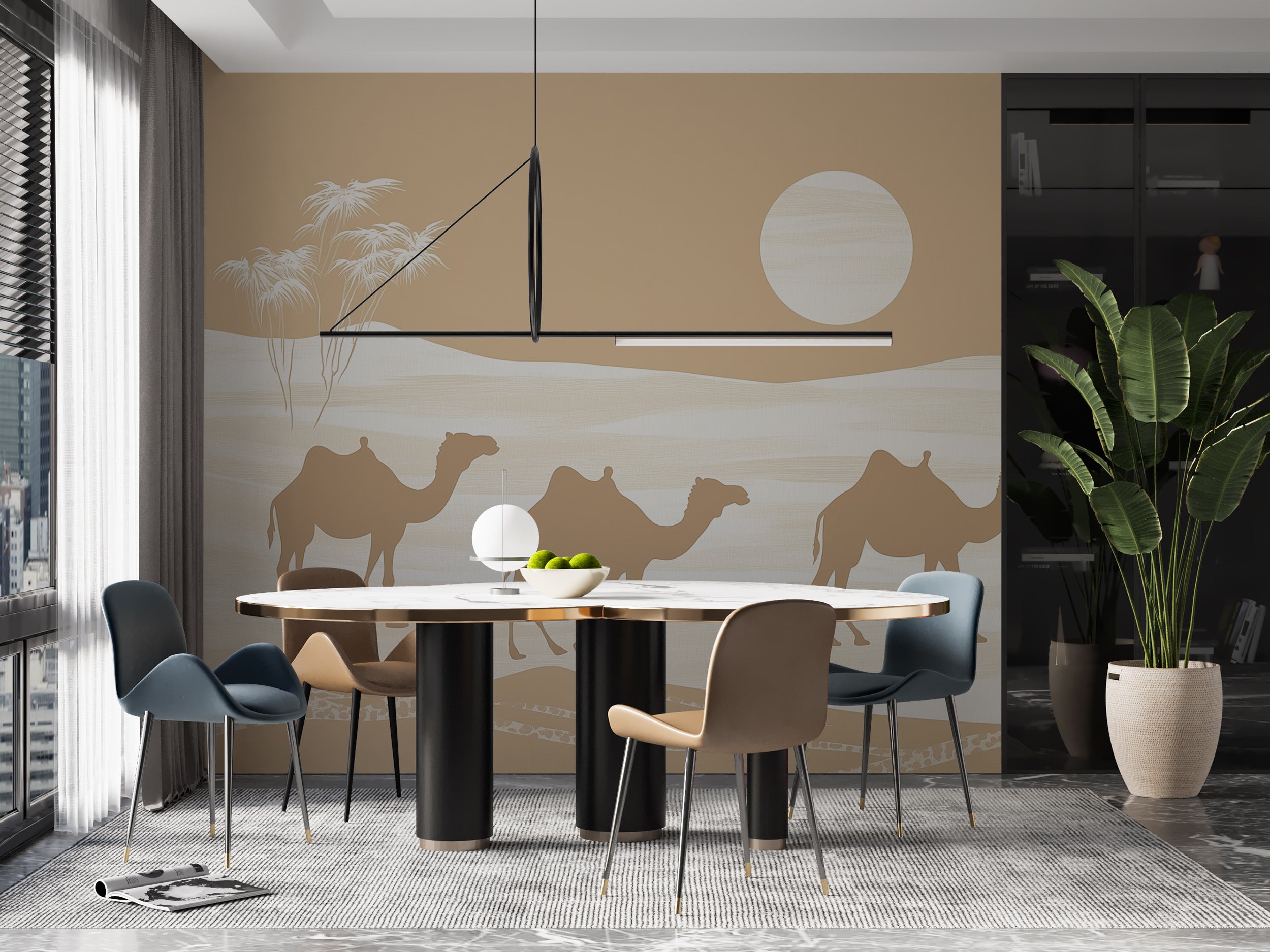 Neutral-tone desert-themed wall mural for modern homes.
Camel and sand dunes peel-and-stick mural for serene decor.