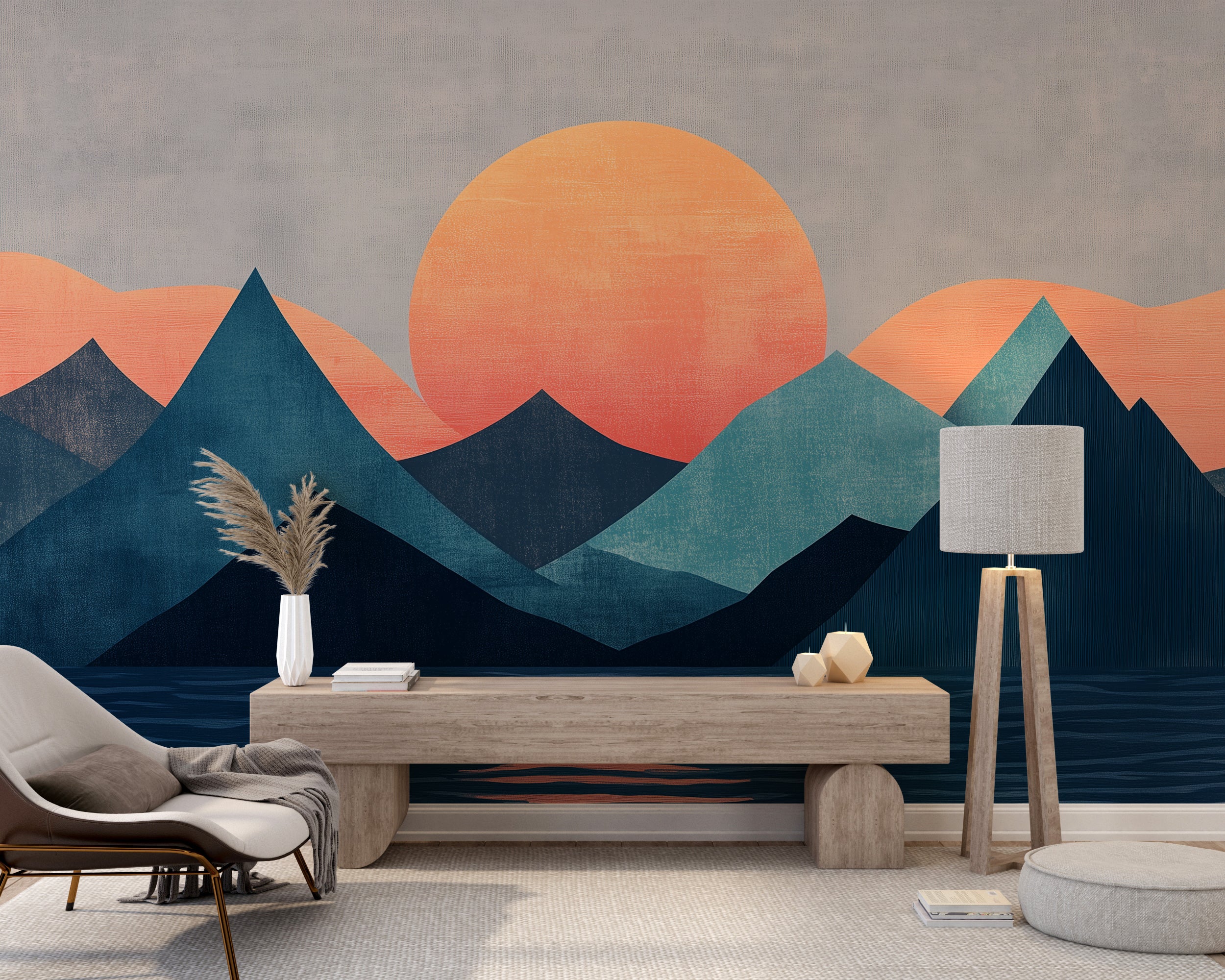 Sunset Over the Mountains Mural, Blue Abstract Mountain Landscape Mural, Peel and Stick Blue and Orange Minimalist Decor