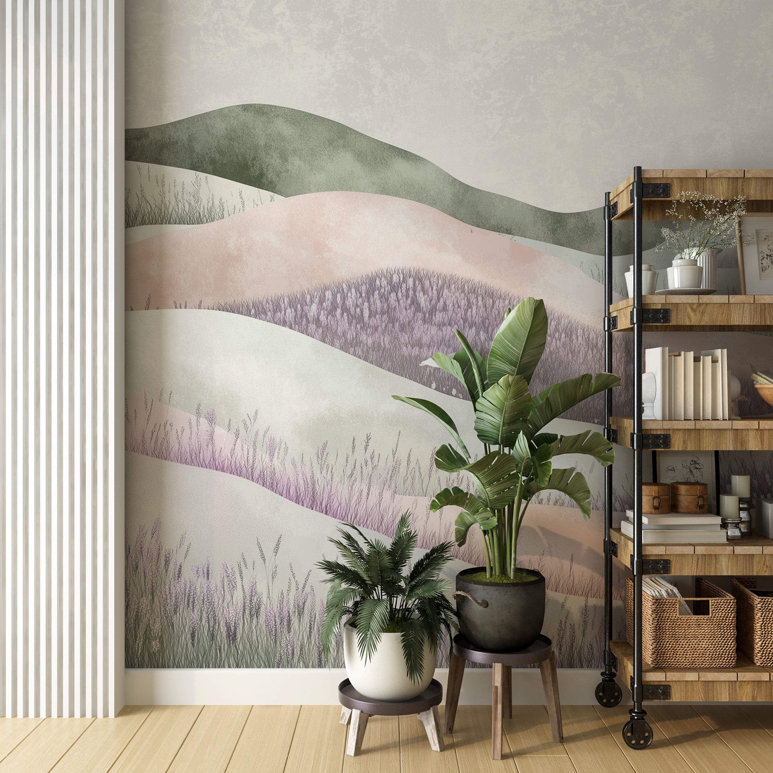 Soft floral wallpaper featuring pastel lavender fields.
Lavender field wall mural in gentle watercolor tones.