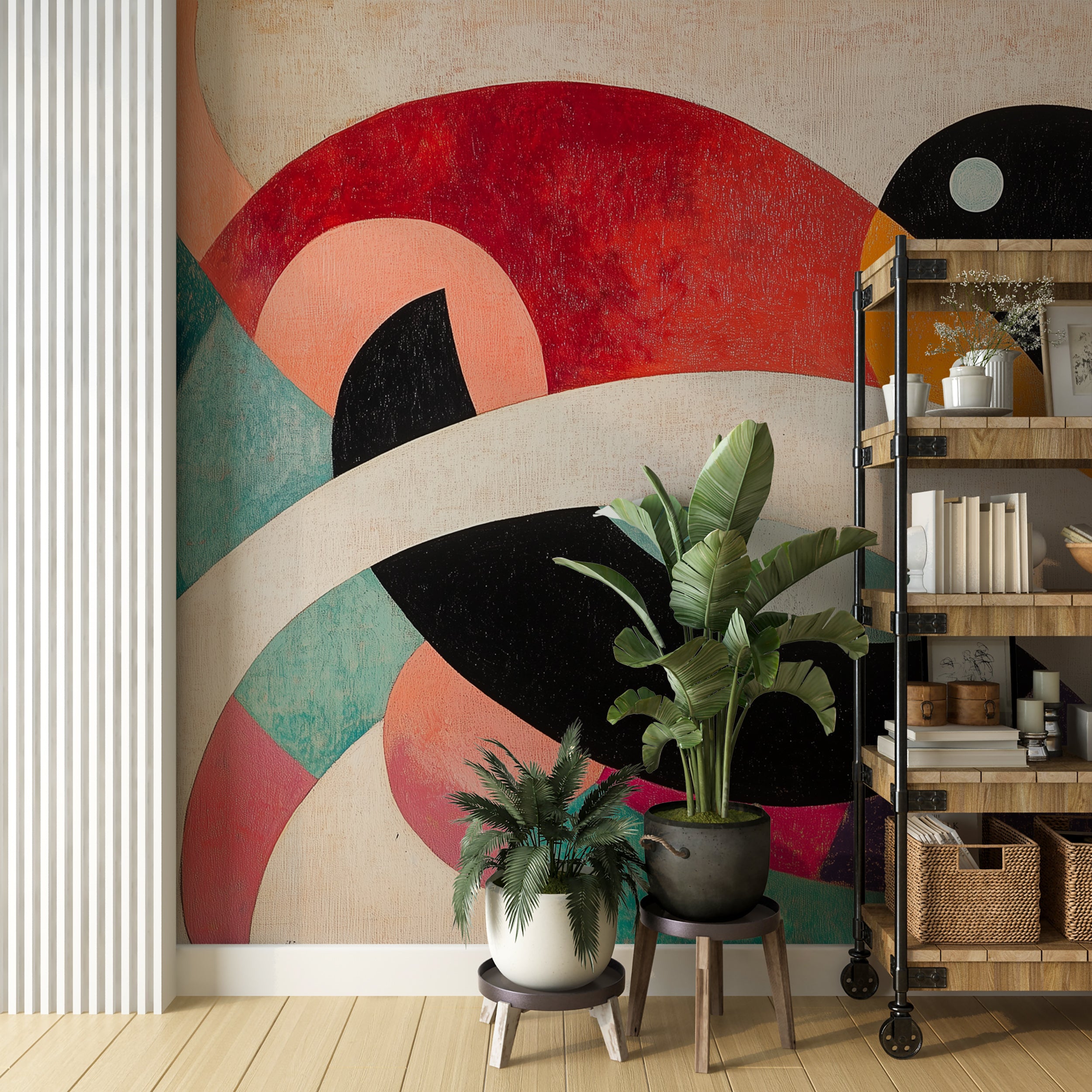 Abstract Colorful Mural, Mid Century Peel and Stick Wallpaper, Modern Geometric Shapes Removable Wall Art