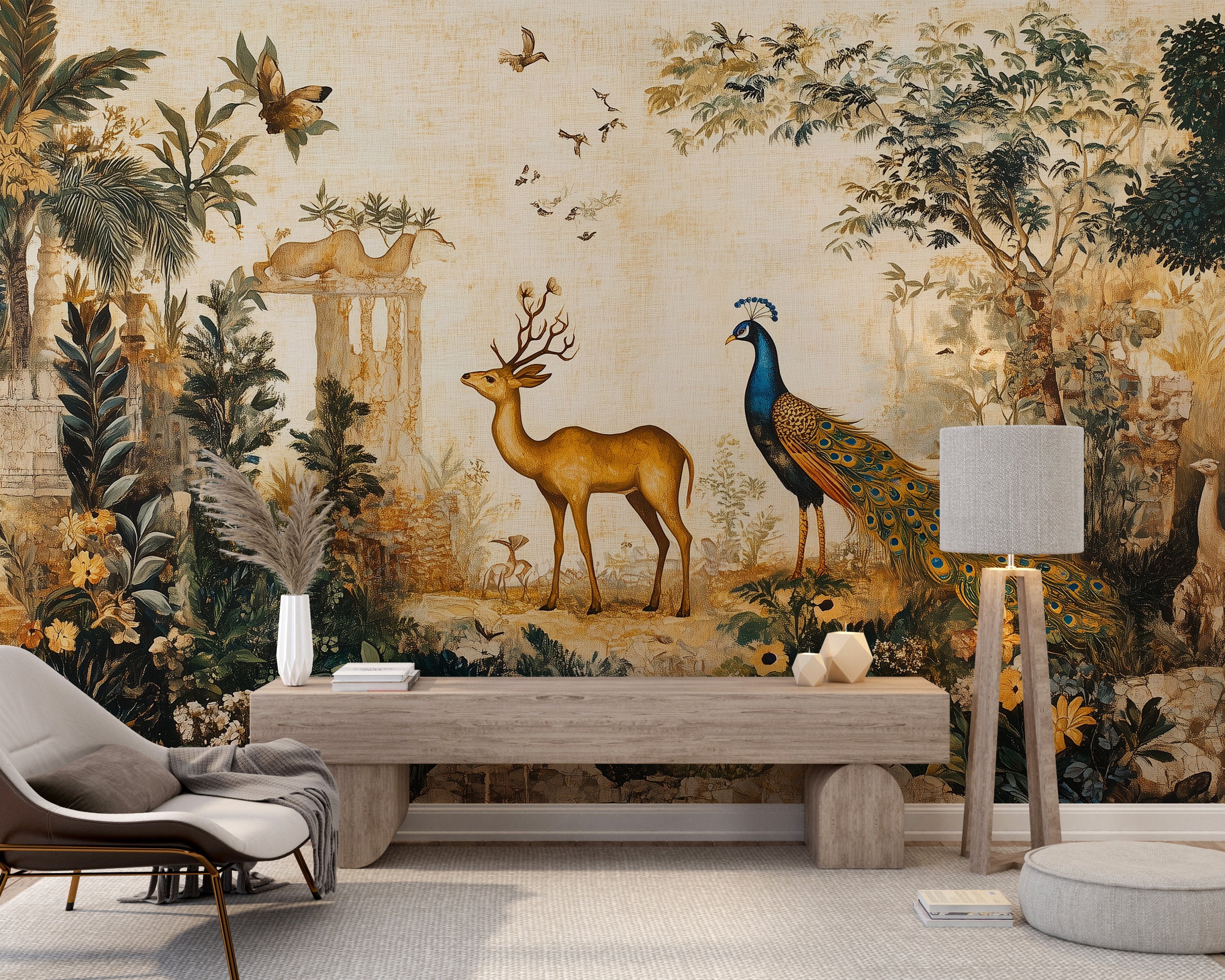 Vintage Blossom Ancient Scenic Mural, Peacock and Deer Wallpaper, Traditional Japanese Botanical Wall Mural