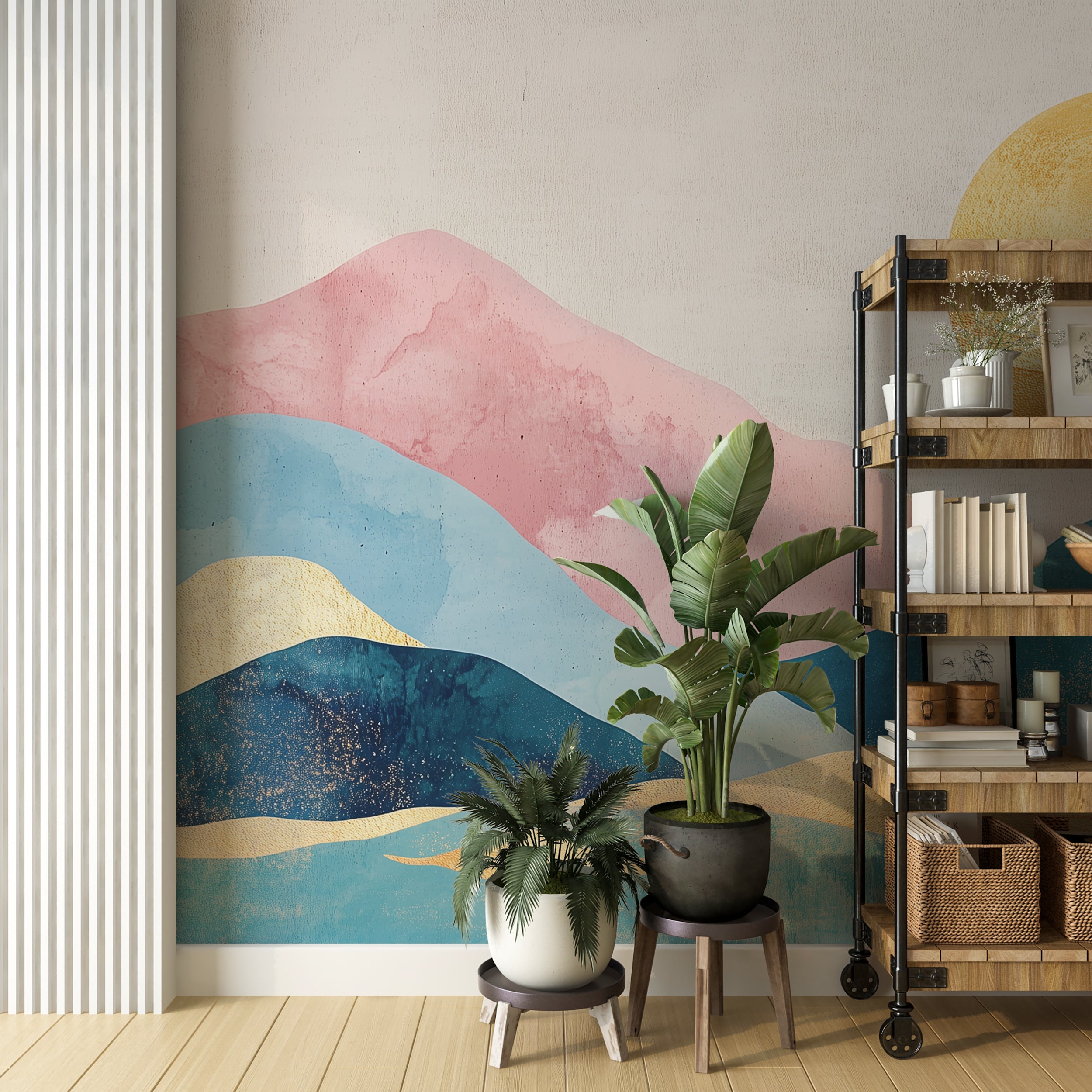 Abstract Mountains and Sun in Pastel Colors Mural, Colorful Art Deco Landscape Wallpaper, Blue Pink and Golden Mural