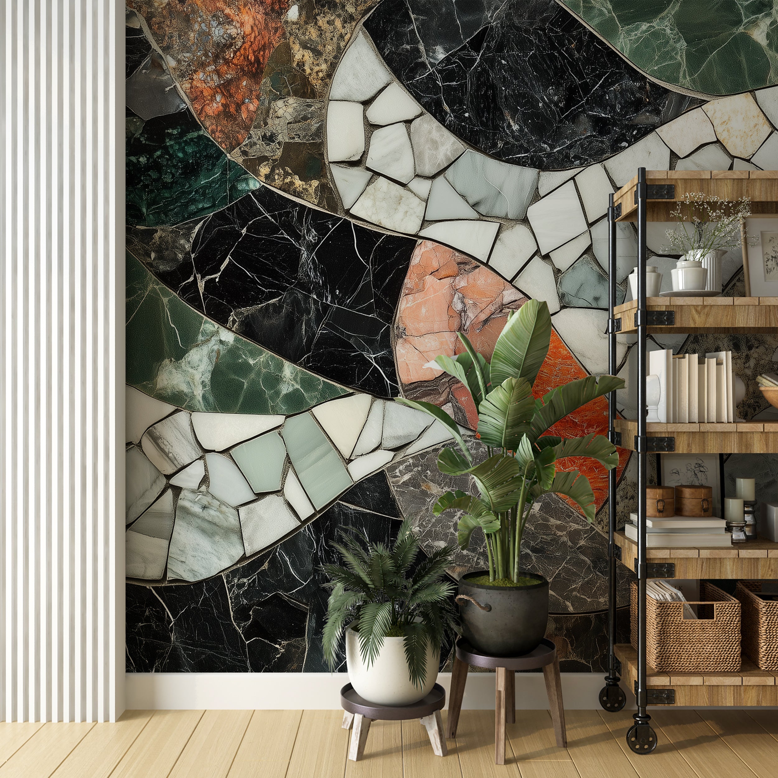 Abstract marble shapes mural with mosaic tiles.
Modern peel-and-stick wallpaper featuring marble patterns.