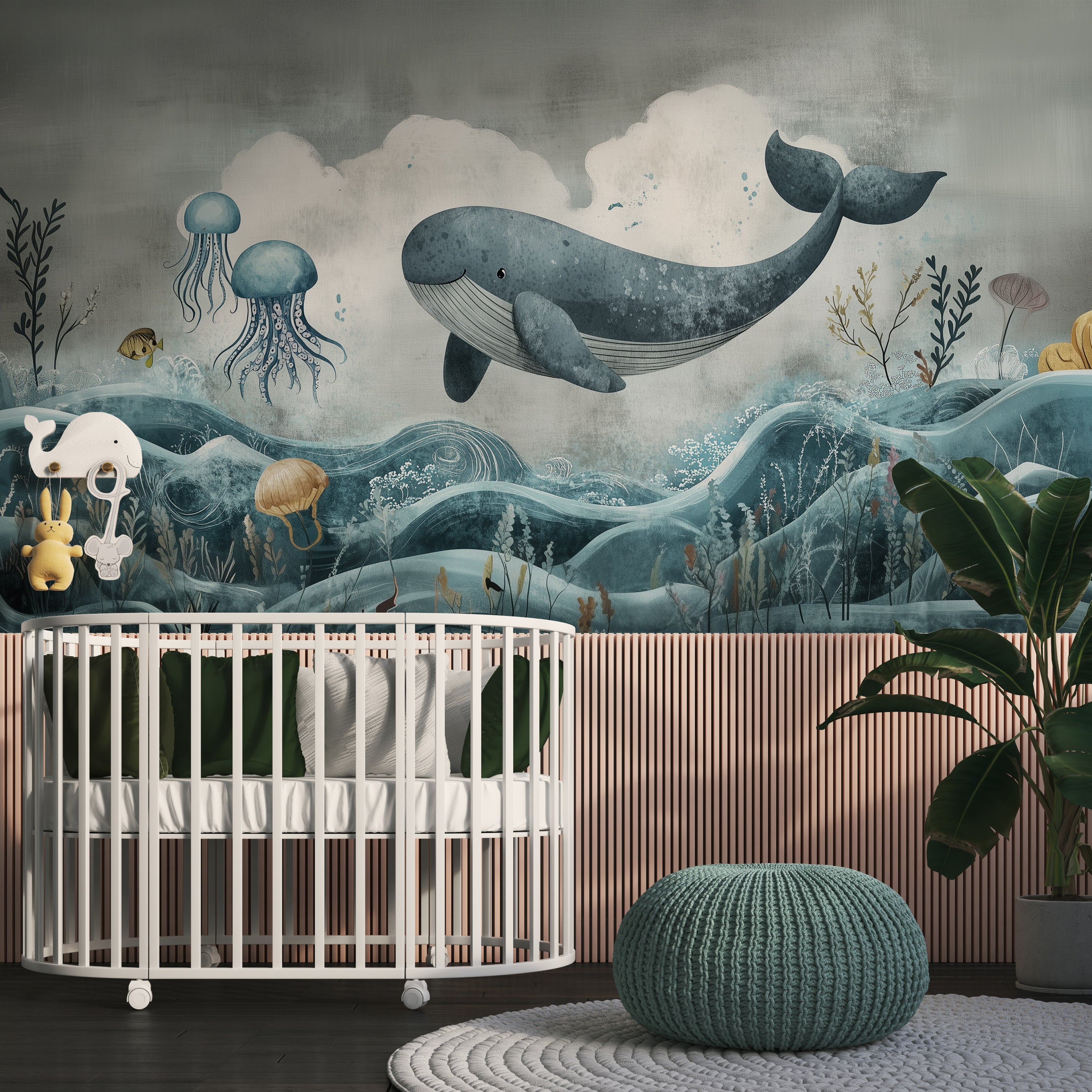 Nursery Underwater Life Mural, Whale and Jellyfish Kids Wallpaper, Peel and Stick Blue Abstract Ocean Wall Mural