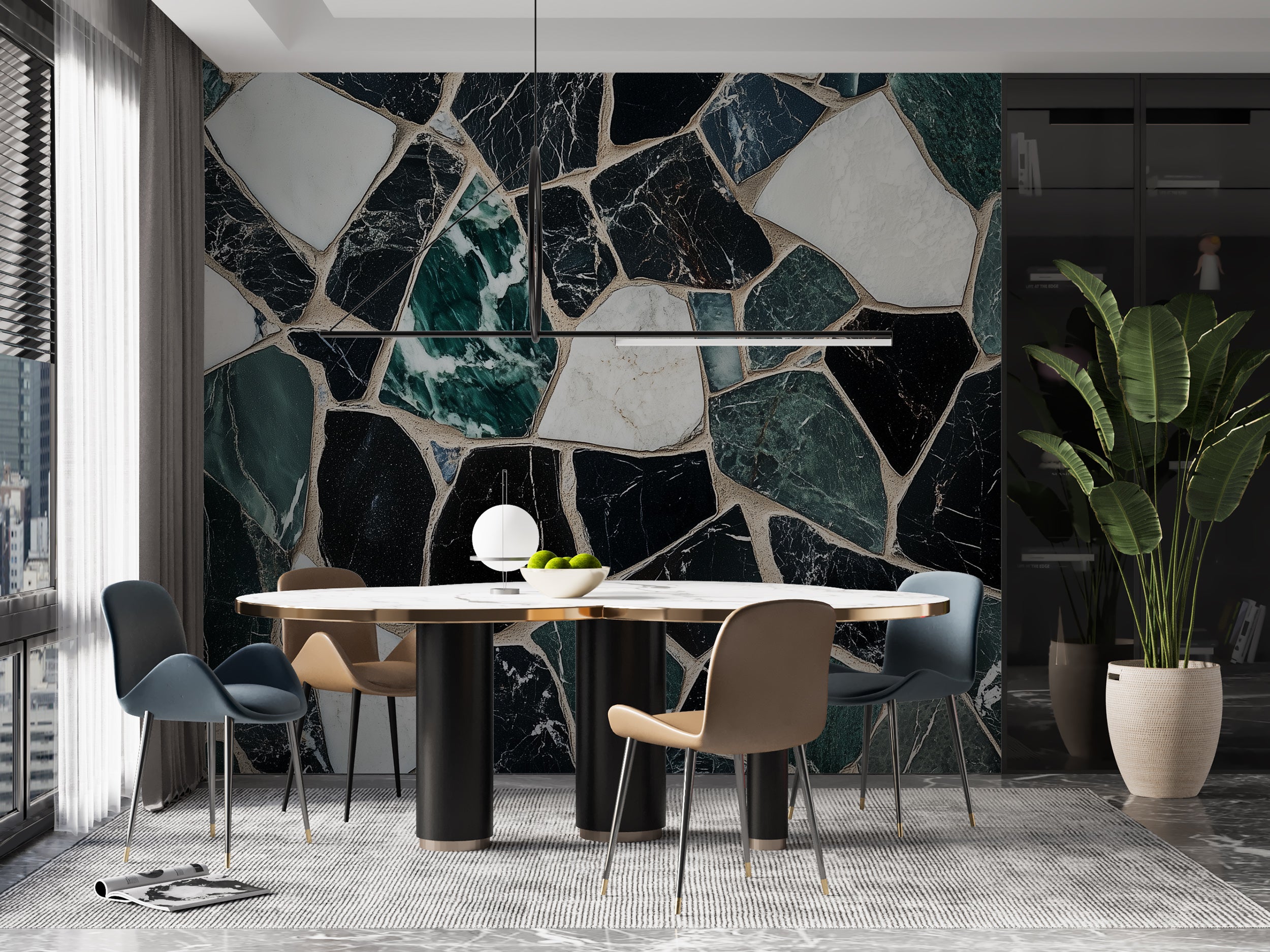 Green black and white marble tiles mural.
Luxury mosaic wallpaper with marble tiles.