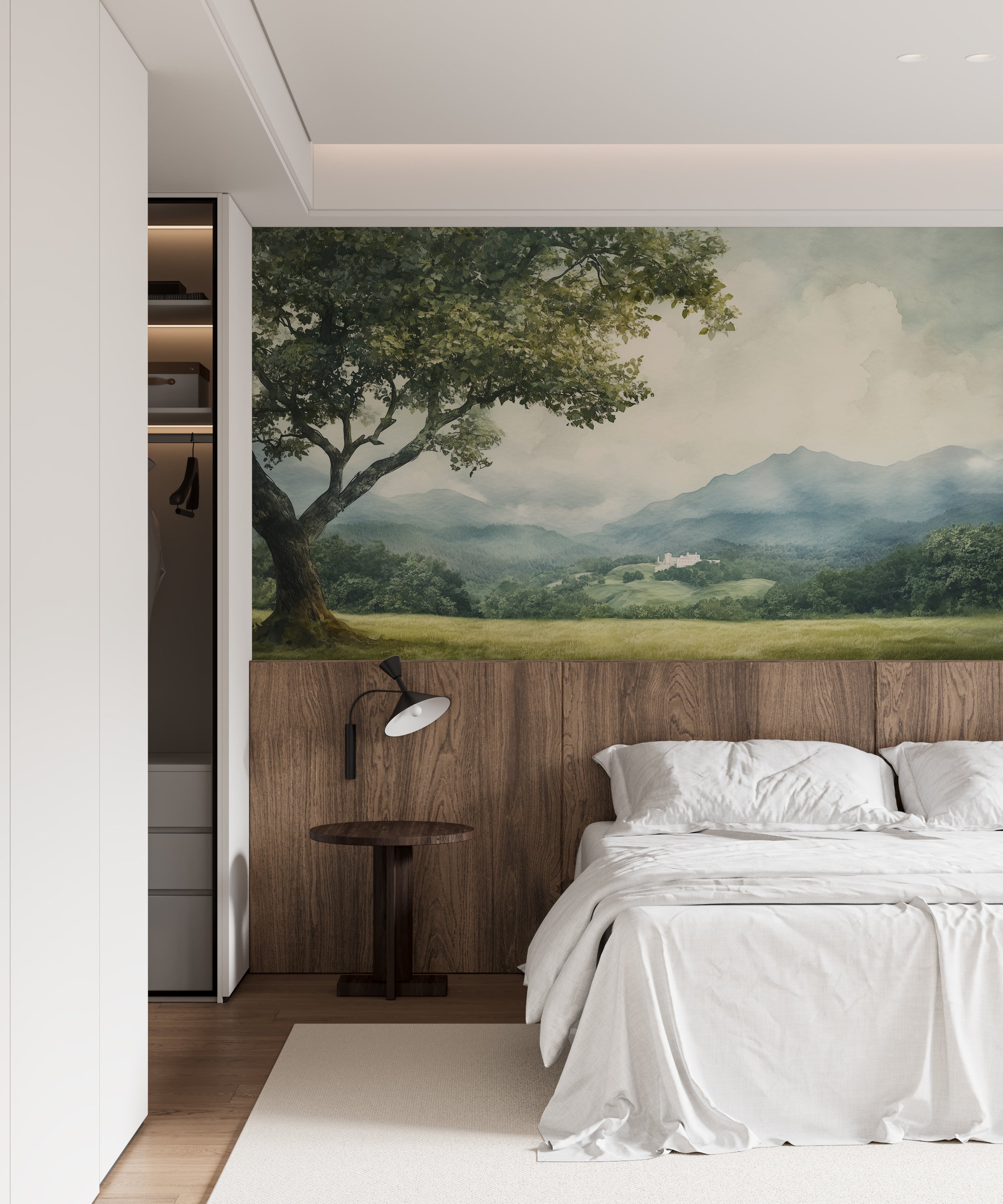 Cloudy Scenic Wall Mural, Vintage Green Mountain Valley Landscape Wallpaper, Breathtaking View Wall Mural