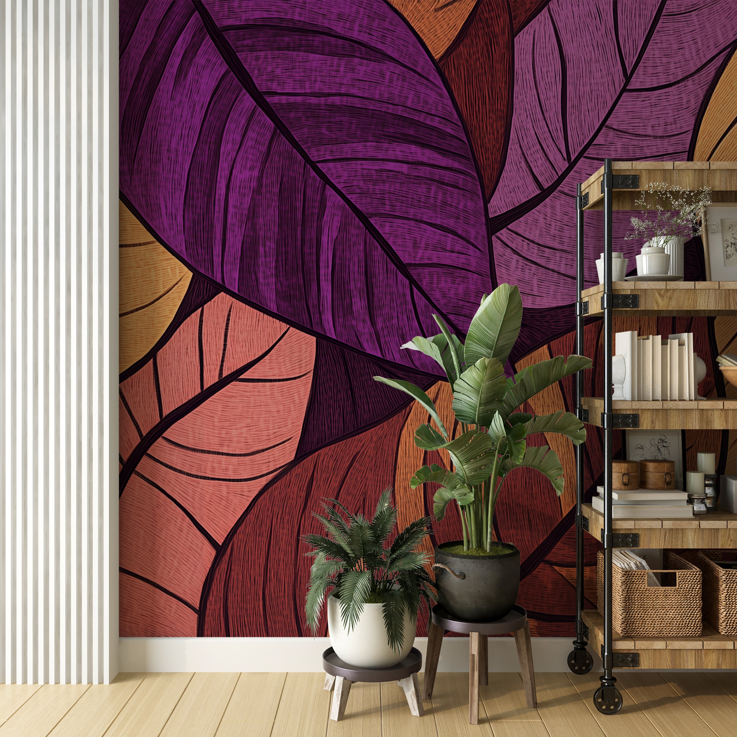 Large Scale Colourful Tree Leaves Mural, Accent Wall Purple and Yellow Botanical Wallpaper, Peel and Stick Decor