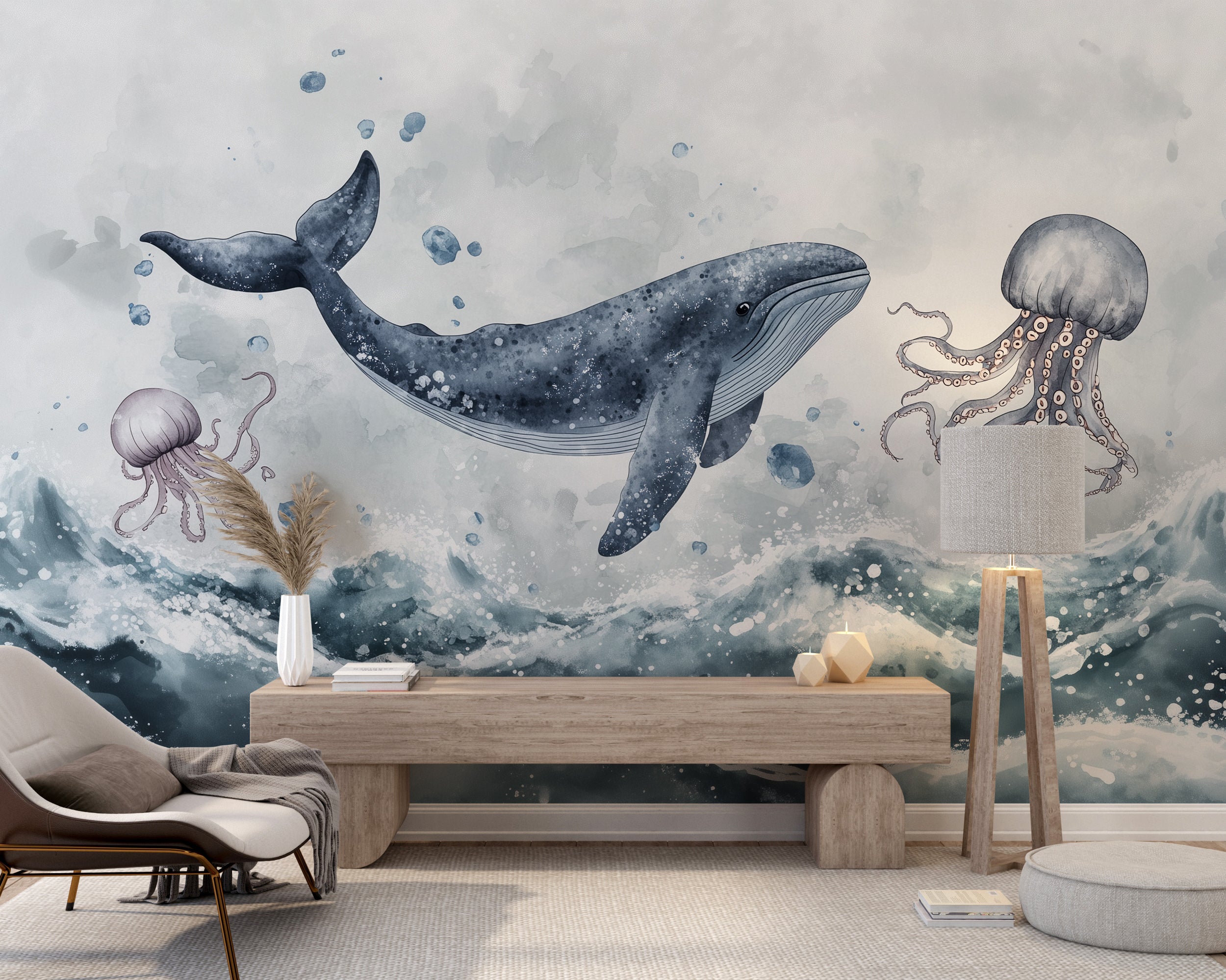 Watercolor Nursery Ocean Animals Wallpaper, Whale Wall Mural, Peel and Stick Abstract Underwater Life Wall Decor