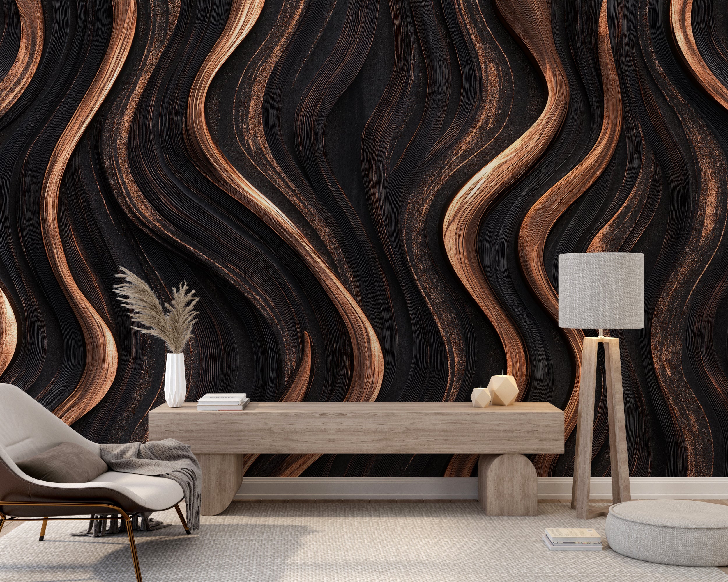 Dark Abstract Wooden Waves Mural, Dark Brown Wood Wallpaper, Wavy Wall Mural, Peel and Stick Accent Home Decor