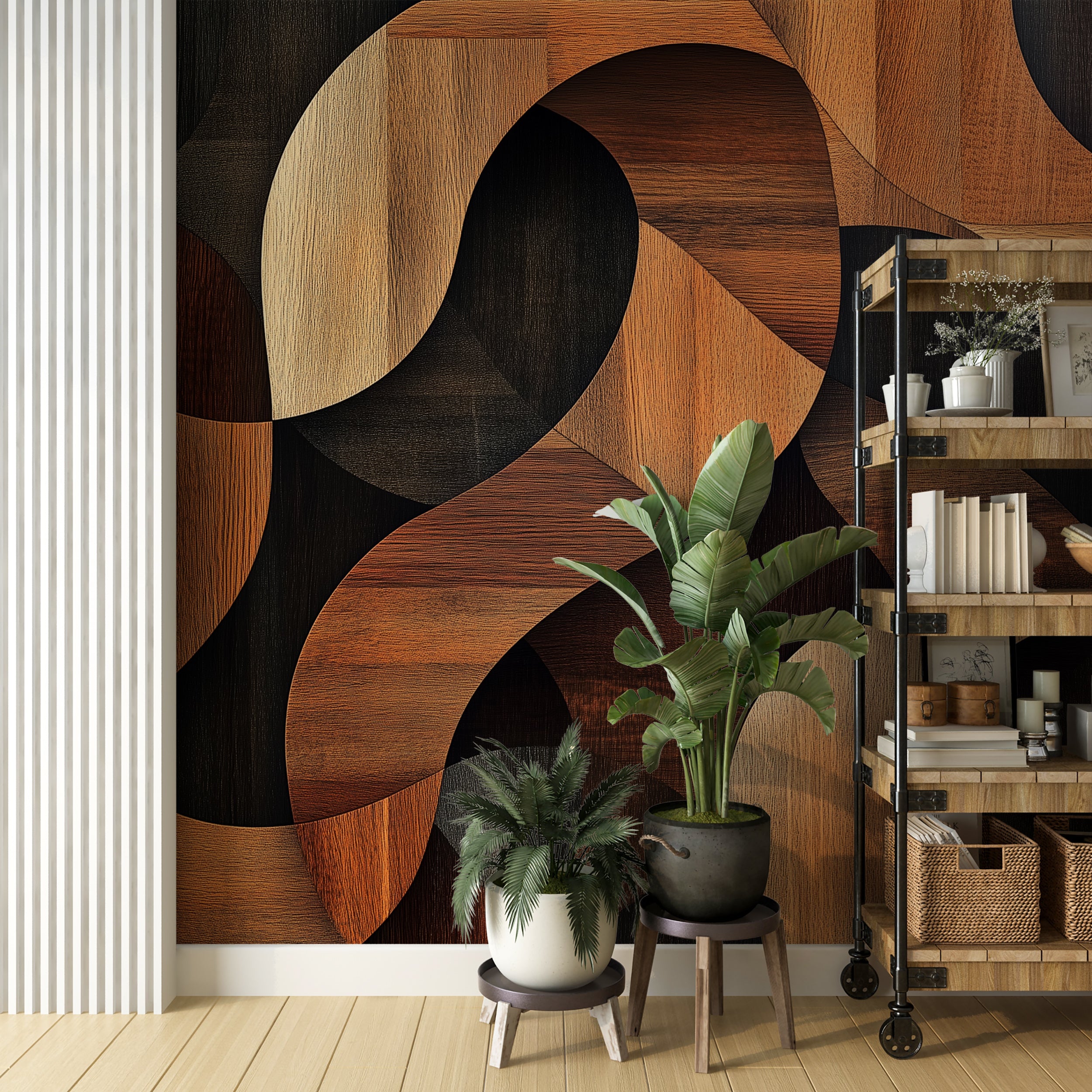 Wooden Shapes Abstract Wallpaper, Geometric Walnut Wood Mural, Dark Brown Accent Wall Decor