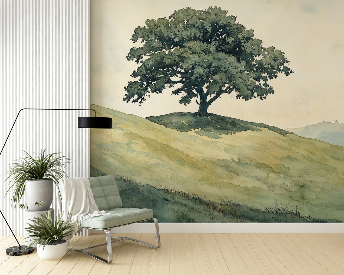 Tree Mural Lonely Tree Wall Mural - Vintage Watercolor Landscape Mural