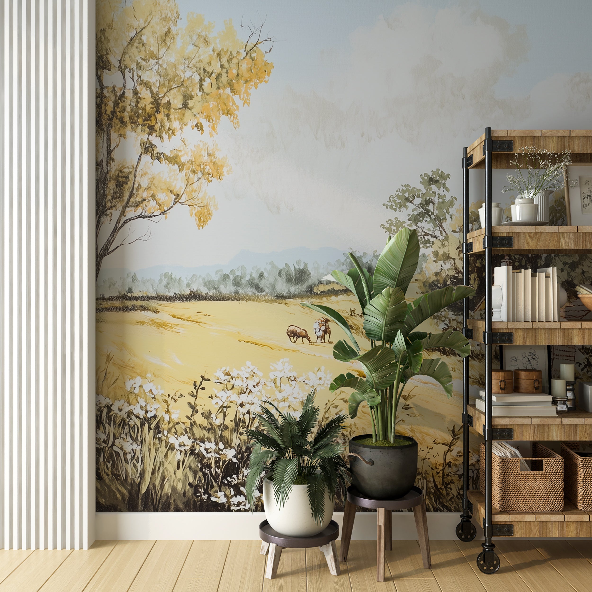 French Countryside Oil Painting Wall Mural, Scenic House and Trees Wallpaper, Peel and Stick Vinatge Landscape Mural