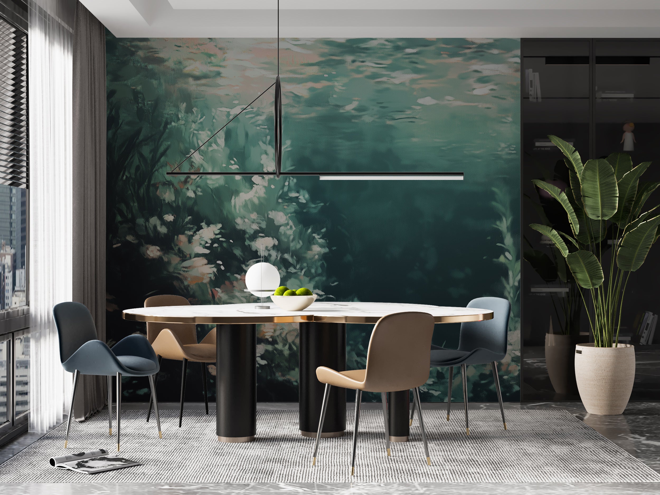 Peel-and-stick underwater mural with dark green and turquoise tones.
Dark ocean scene mural with green corals for peaceful rooms.