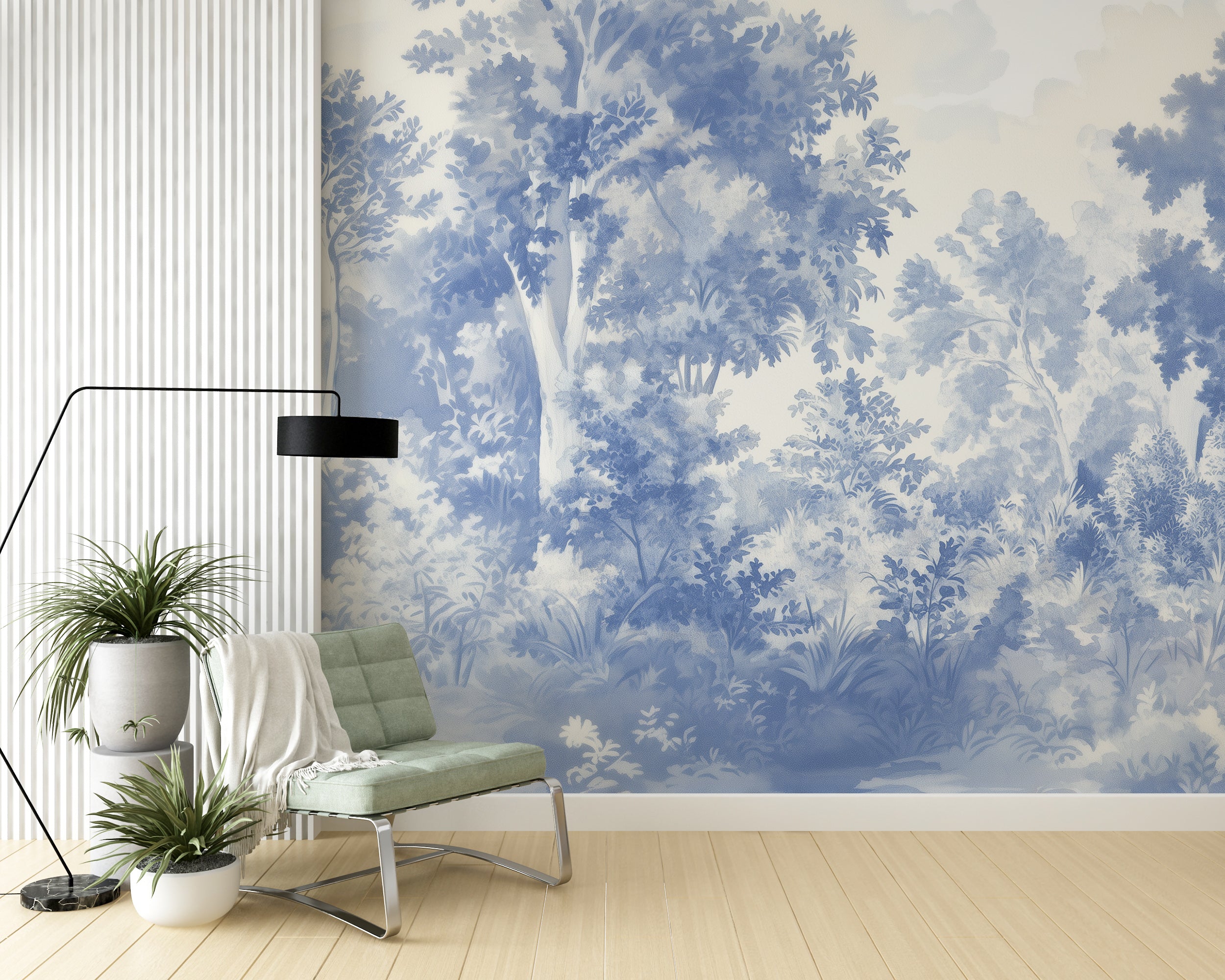 Monochrome blue forest mural with intricate detailing.
Timeless French vintage style forest mural for sophisticated spaces.