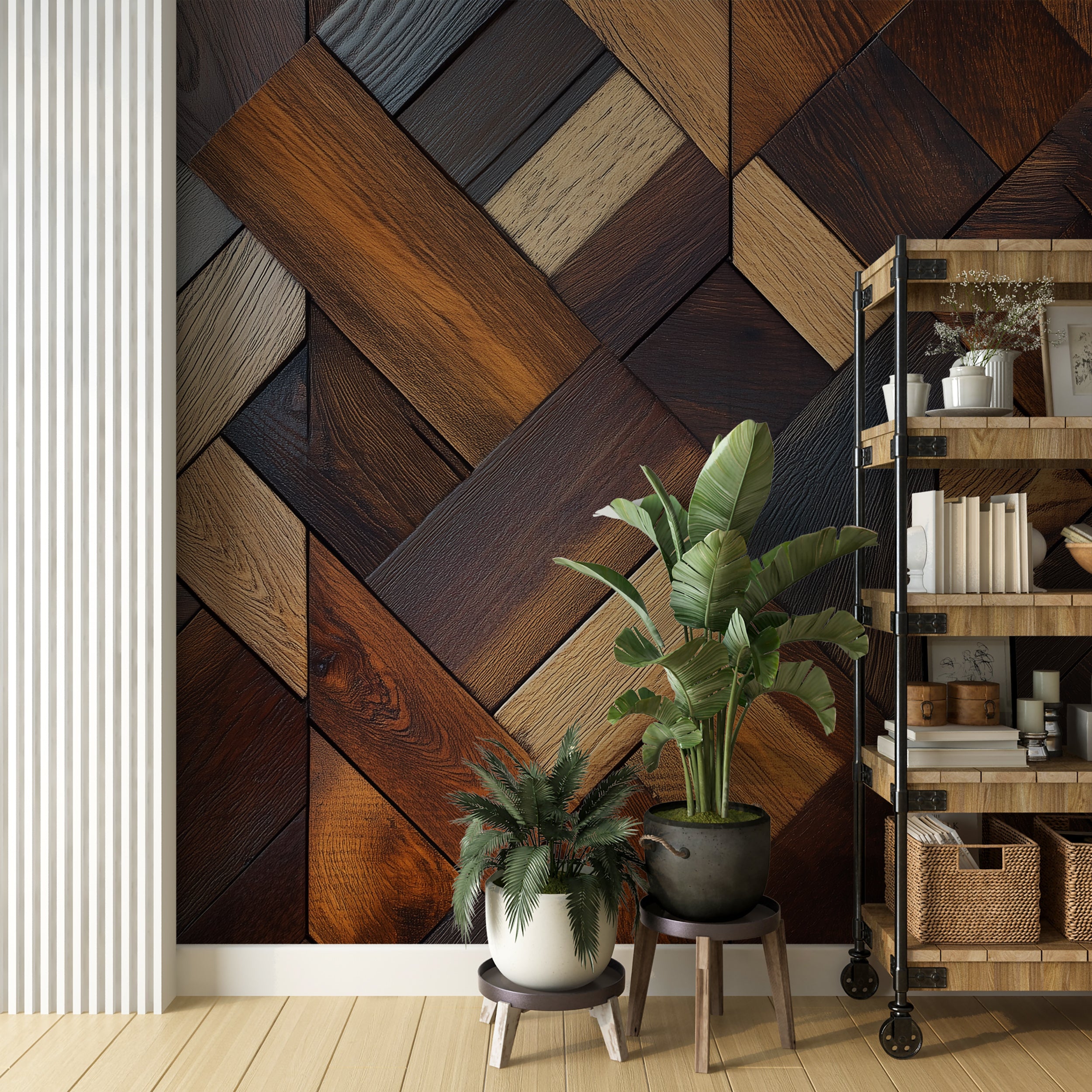 Dark wooden panels mural for rustic home decor.
Peel-and-stick wallpaper with dark wood texture.