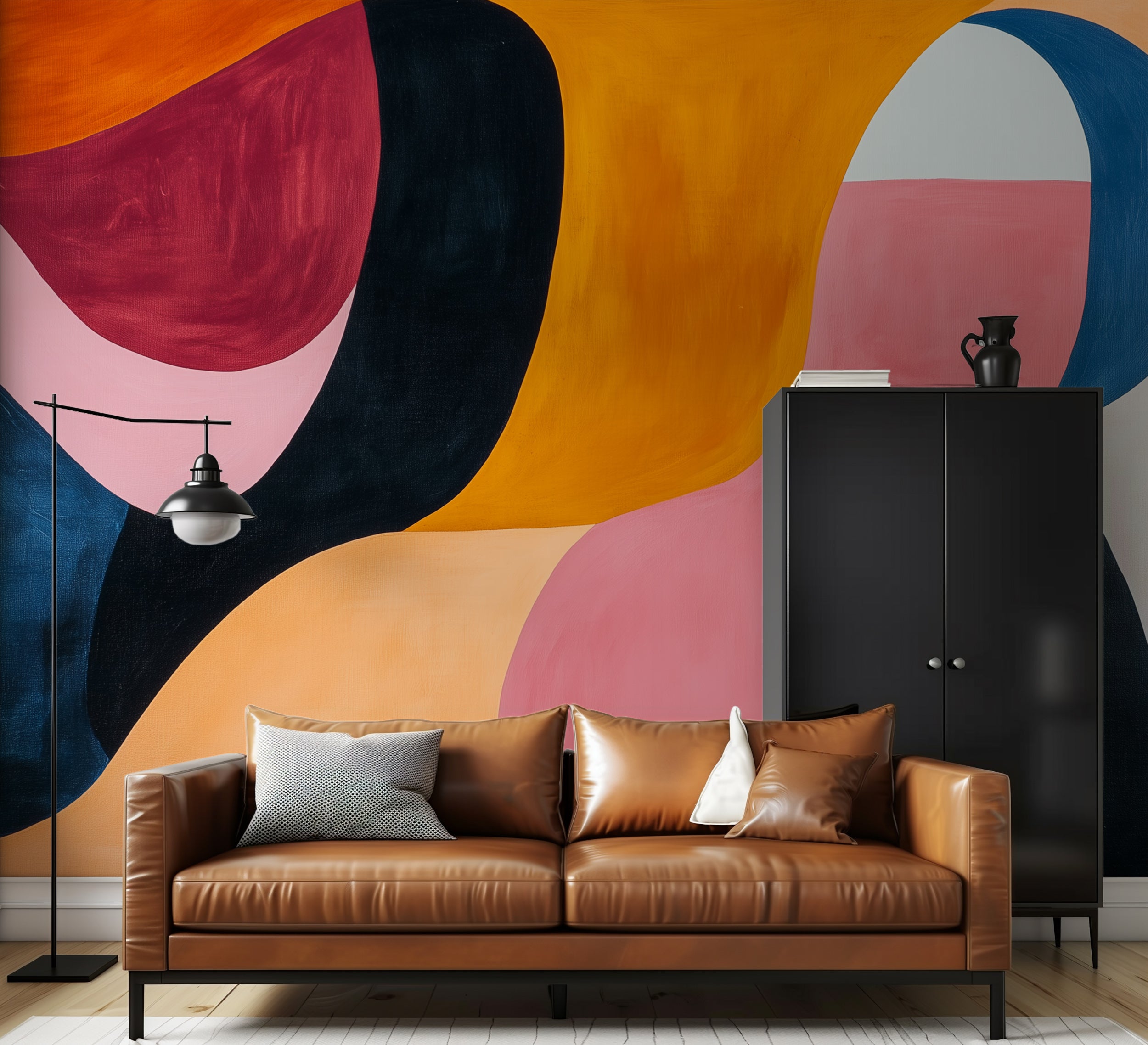 Bold abstract brushstroke wallpaper in pink and yellow.
Removable brush painted mural with vibrant color splashes.