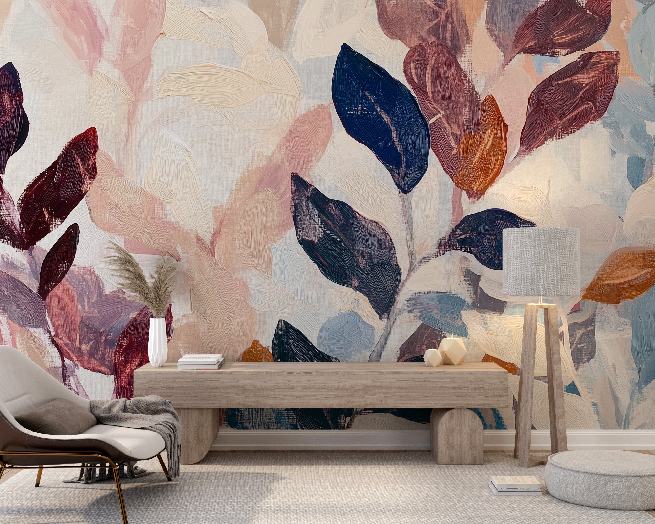 Burgundy and Navy Blue Botanical Mural, Large Accent Wall Leaves Wallpaper, Boho Wallpaper